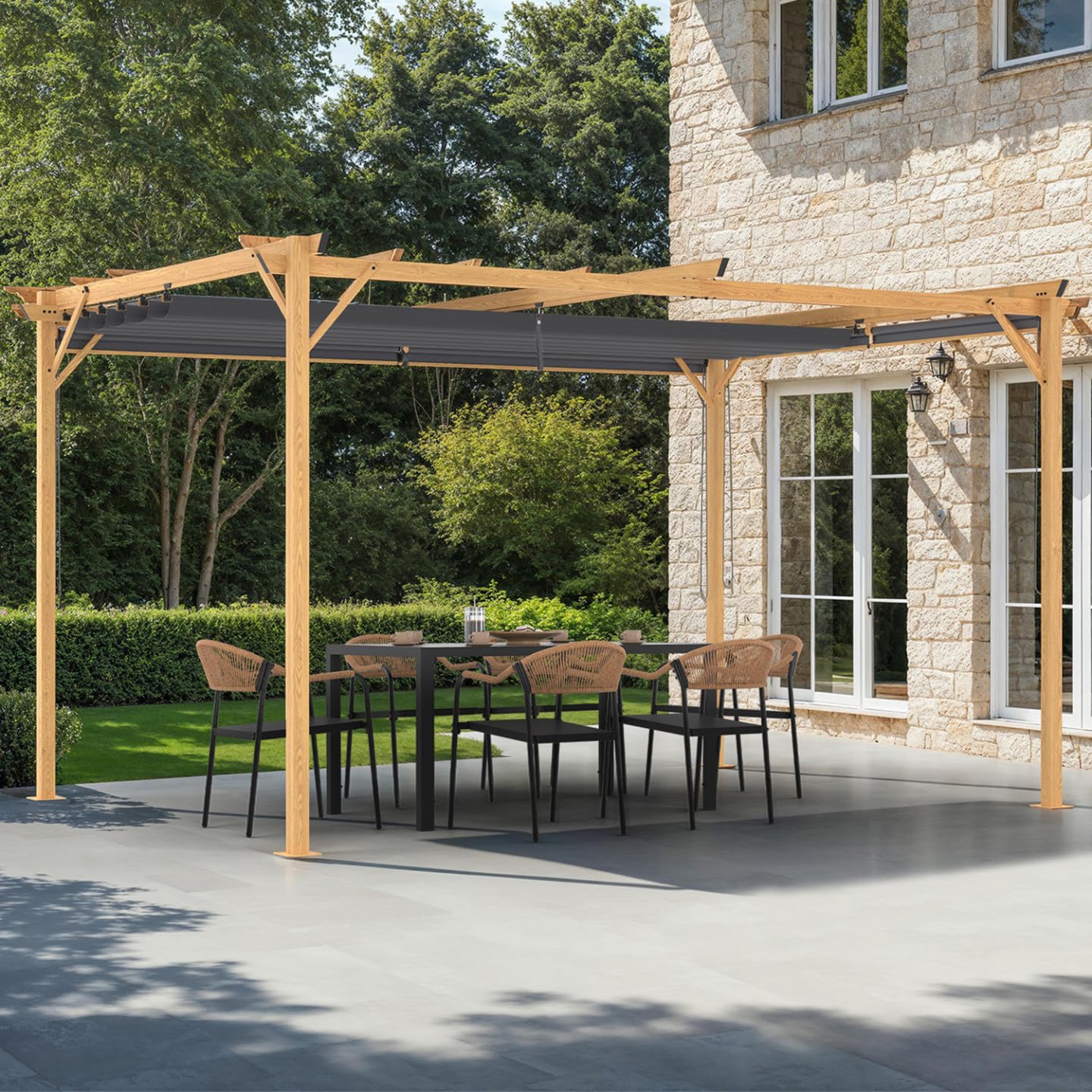 IDMarket - Pergola Effet Bois Toit rétractable 3x4 M et 4 Stores