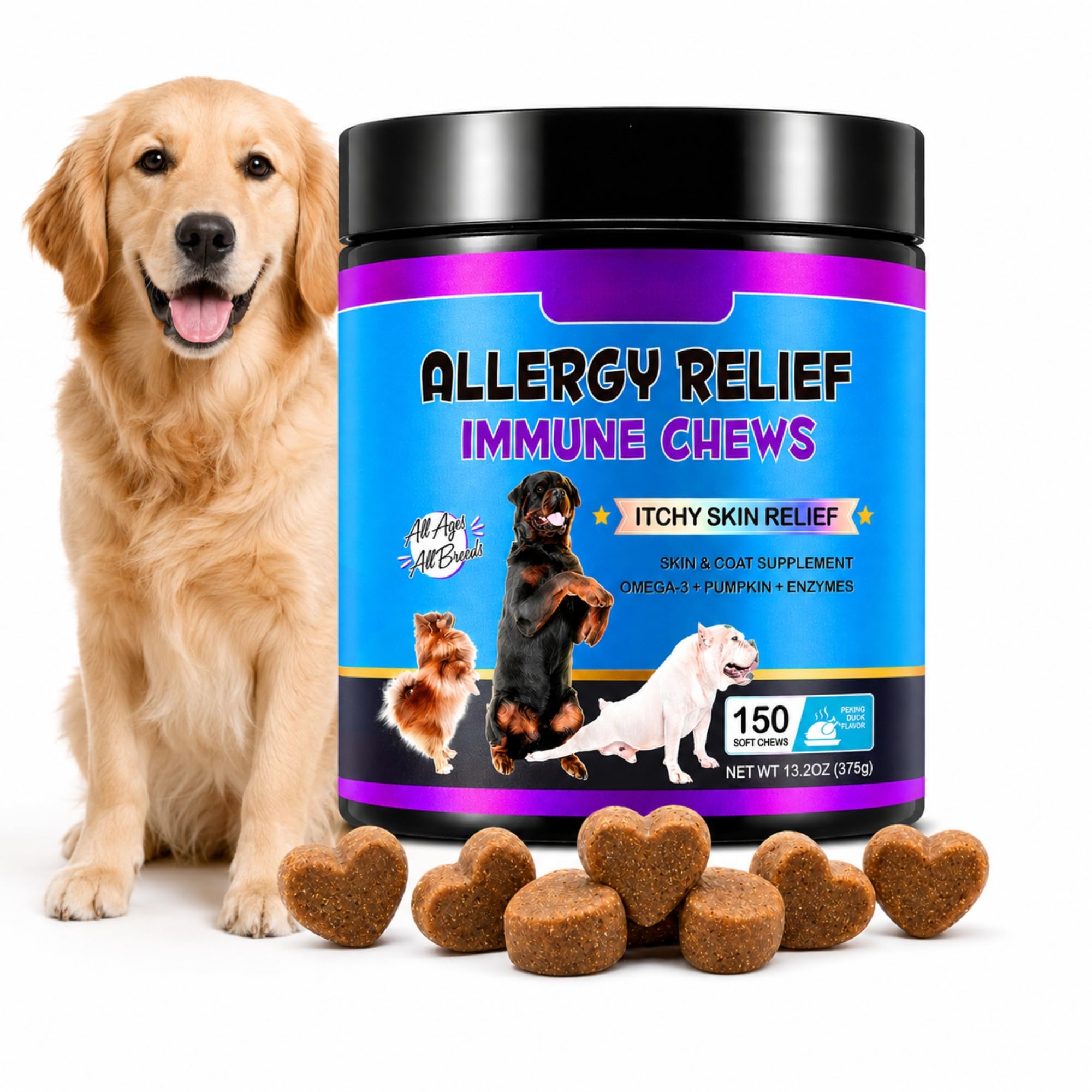 Dog Allergy Relief Soft Chews (1 Pack | 150 Chews) – Immune Support Supplement for Dogs, Itchy Skin & Coat Care, Omega 3 with Pumpkin & Enzymes, Anti-Itch & Shedding Support for All Breeds