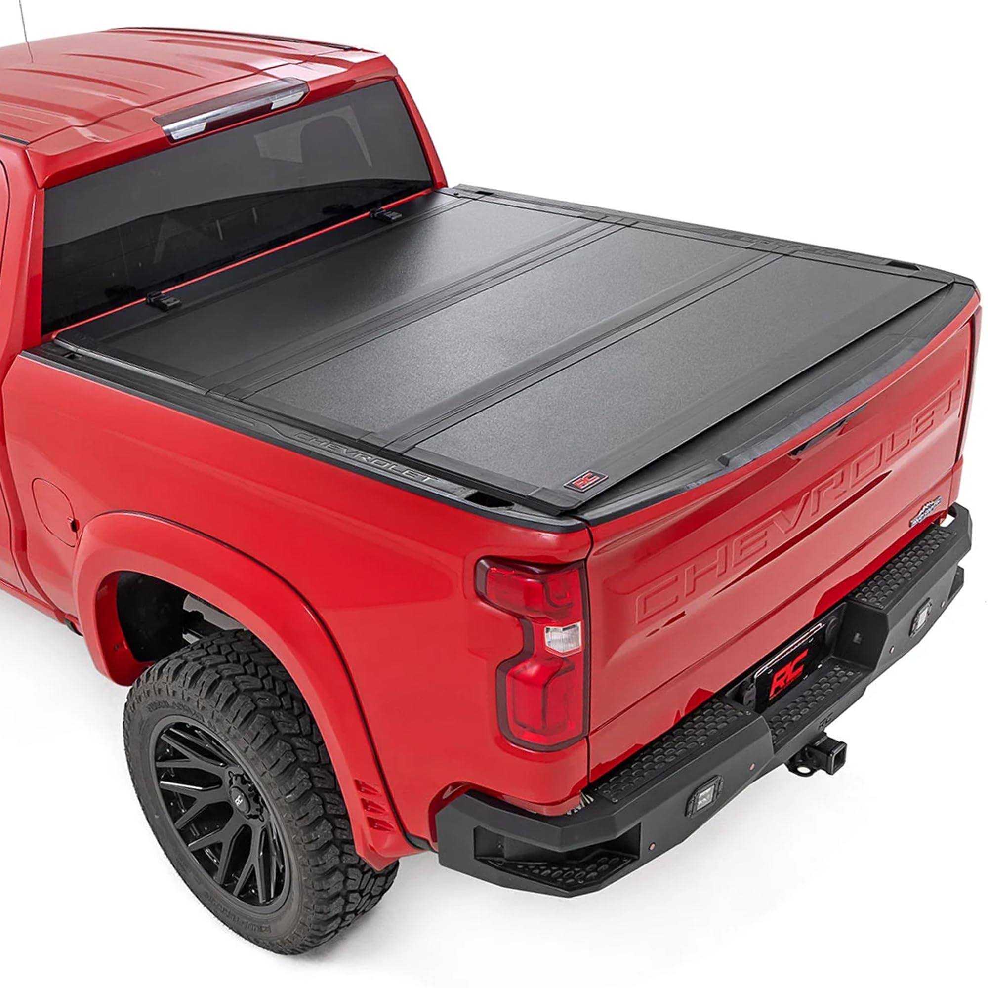rough country hard tri-fold flip up truck bed tonneau cover for chevy silverado & gmc sierra 1500 (2019-2025) - flush aluminum bed cover, fits 6'7 bed
