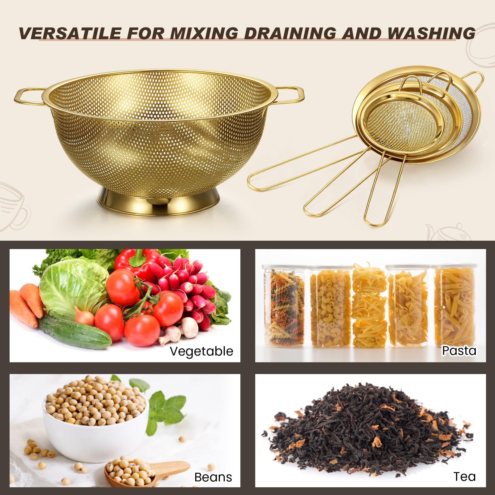 Norme Colador dorado de acero inoxidable de 3 cuartos y 3 coladores de malla fina dorada, colador de metal de acero inoxidable para pasta, arroz y alimentos, fácil de limpiar y apto para lavavajillas