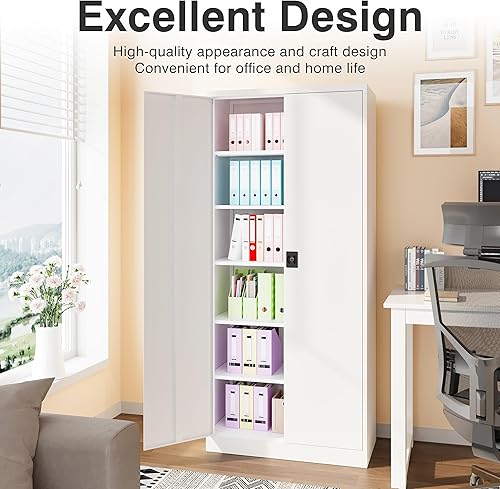 Miniatura 7 de SISESOL Armario de almacenamiento de metal blanco con 5 estantes ajustables, gabinete de metal de 71 pulgadas de alto con puertas con cerradura,