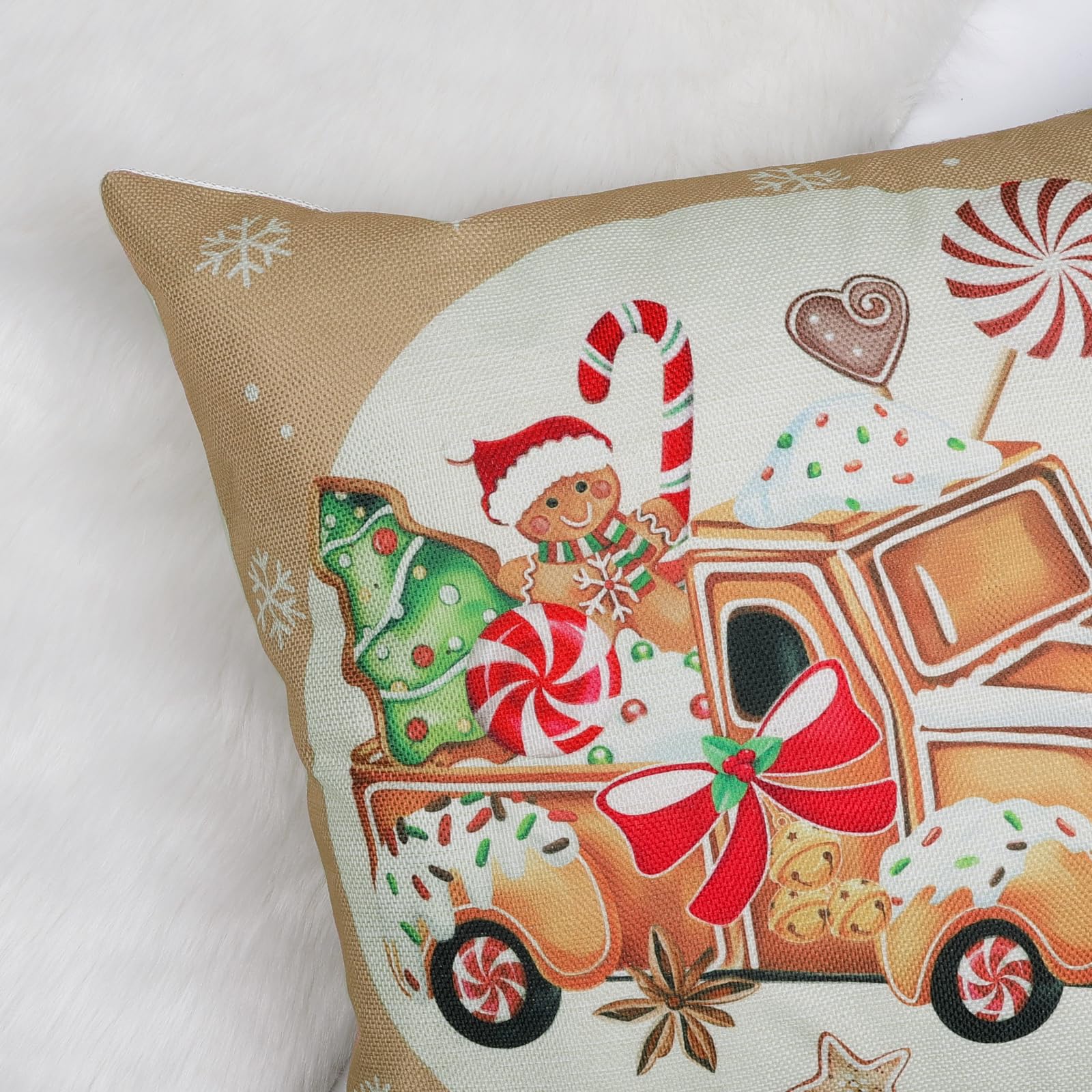 Bonhause Christmas Gingerbread Cushion Covers 45 x 45 cm Man House Truck Xmas Bakery Decorative Throw Pillow Covers Polyester Linen Pillowcases for Sofa Bed Winter Holiday Decor Set of 4 - Image 4