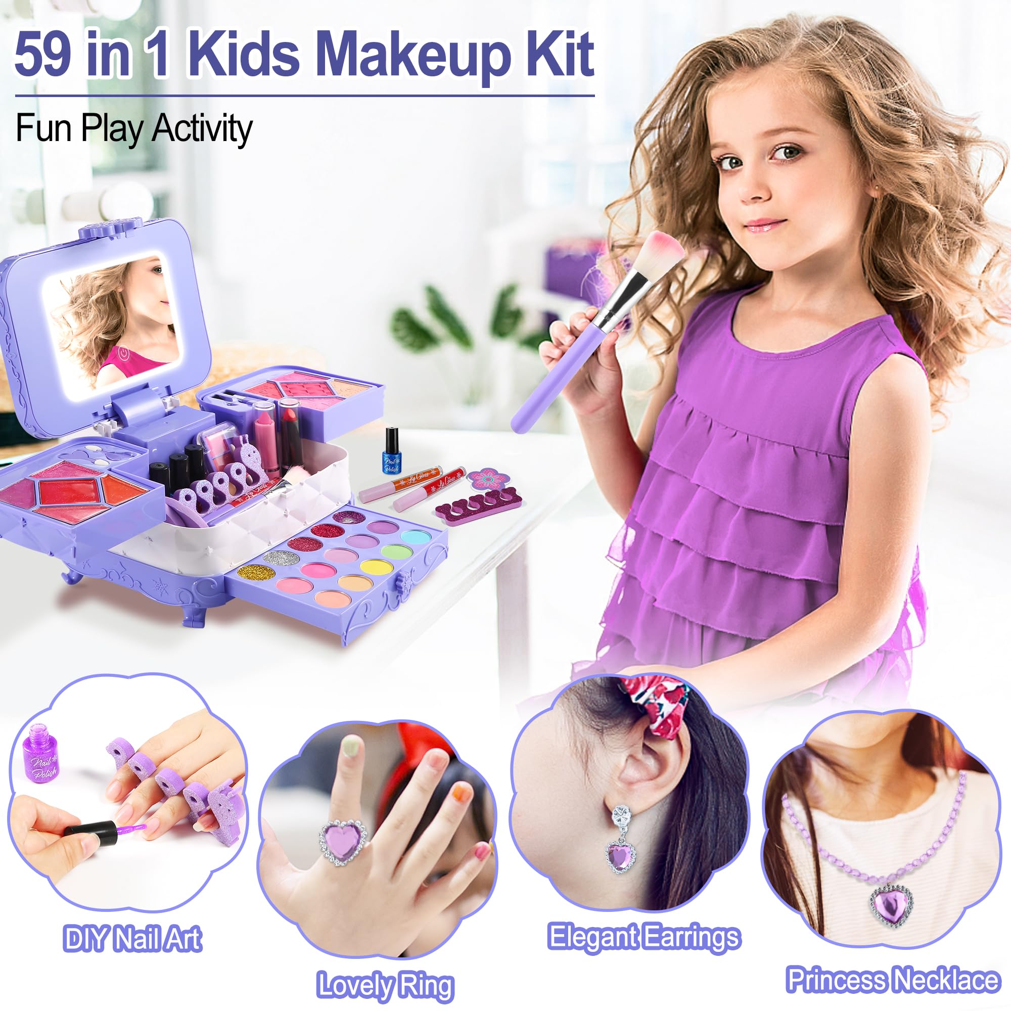 AstarX Trucchi Bambina Set con Specchio Cosmetico LED a 3 Colori, 59 Pezzi Lavabile Valigetta Trucchi Bambina Anallergici, Giochi Bambina per Natale Compleanno Festa 3 4 5 6 7 8 9 10 Anni (Viola)