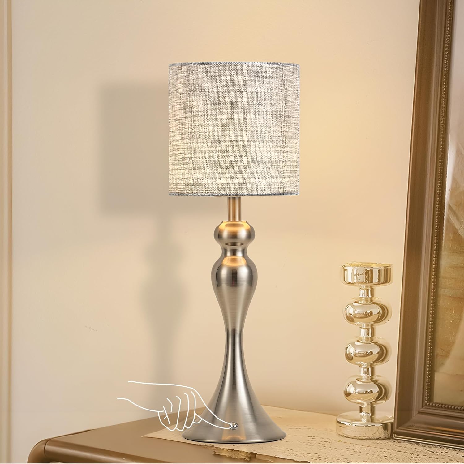 table lamp for bedroom, cordless bedside lamps for living room, touch 3-way dimmable desk lamp for night stands, rechargeable, battery operated lamp with fabric shade for dorm, home office (nickel)