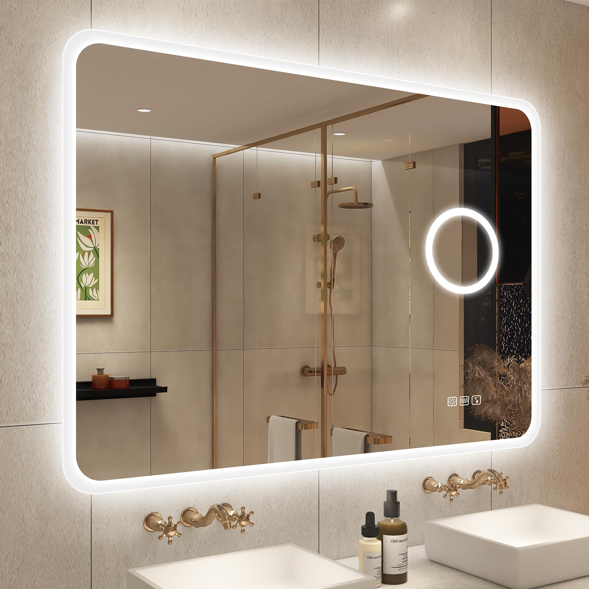 STARLEAD Espejo-Baño-con-Luz 100x70cm con Aumento 5X y Bluetooth, Antivaho, Espejos-de-Baño-con-LED, Regulable, 3 Colores Luz, Función Memoria, IP44 Vidrio Templado HD Espejos-de-Pared