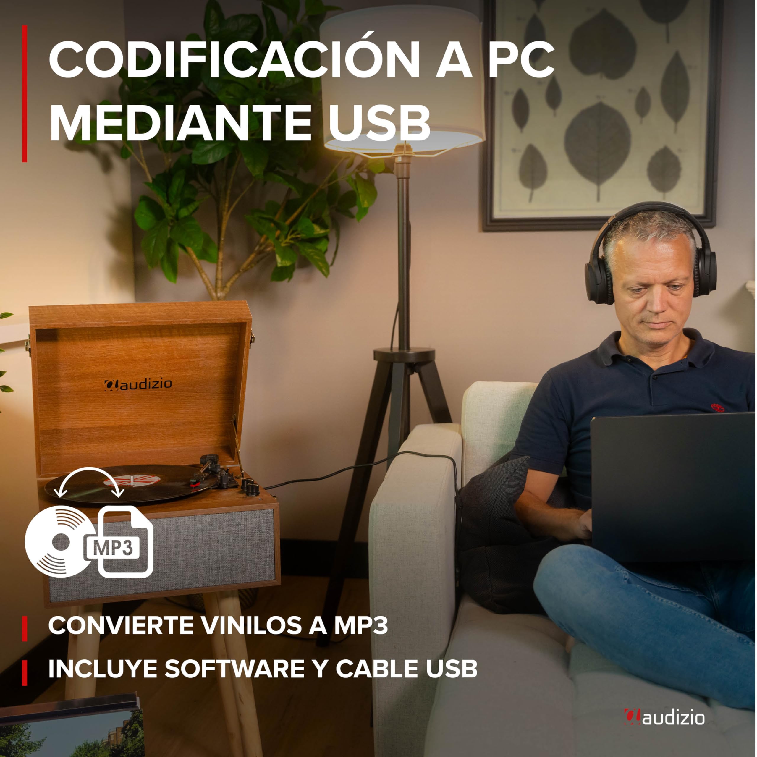 Audizio Fremont - Tocadiscos Retro con Patas de Madera, Bluetooth bidireccional, USB para digitalizar vinilos, Altavoces estéreo, RCA, 3 velocidades, Entrada AUX y Salida de Auriculares Color Madera