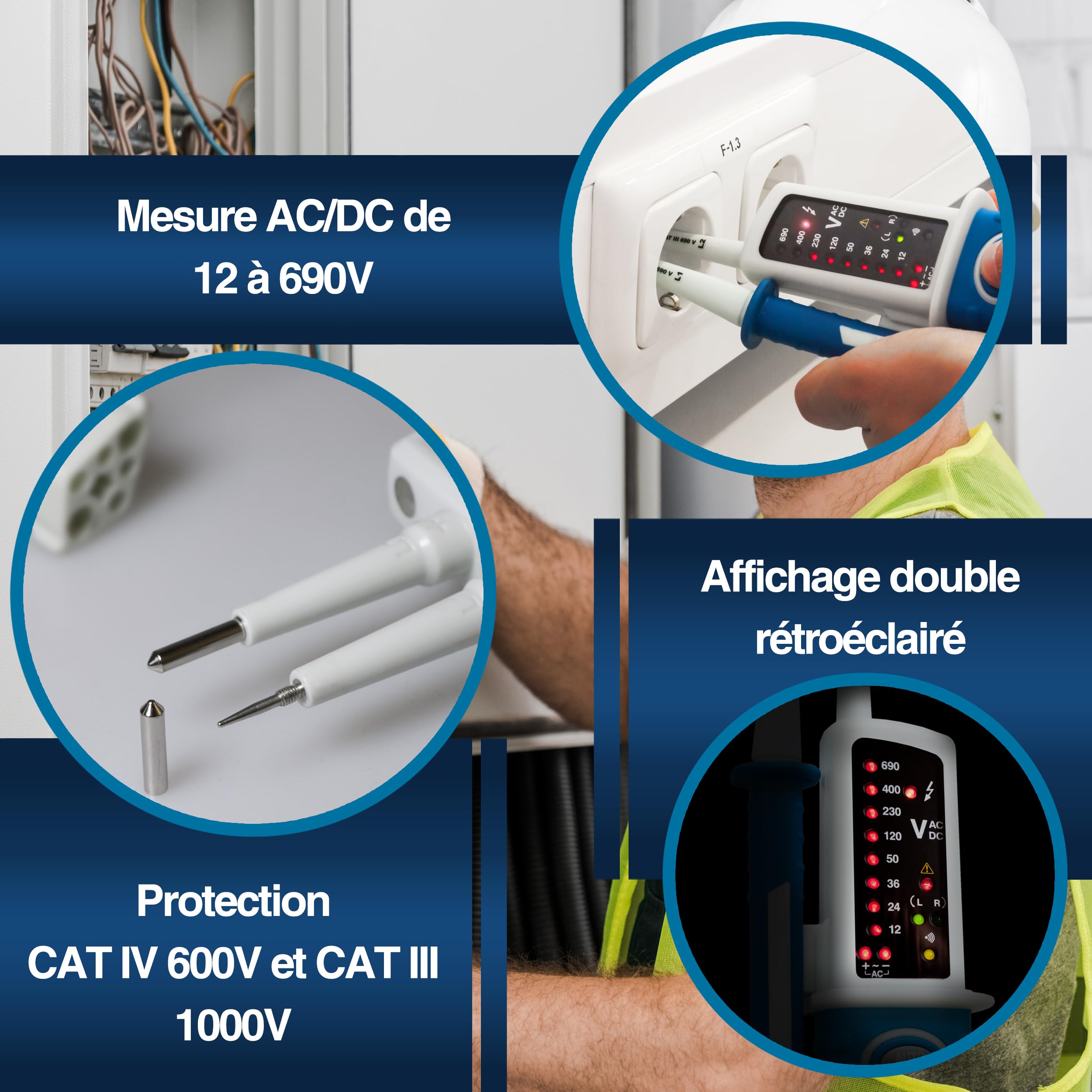 PeakTech 1095 – Testeur de Tension AC/DC 2 Pôles, Affichage LED, Résistant à la Poussière et aux Éclaboussures (IP64), Testeur de Continuité, Voltmètre 12V - 690V