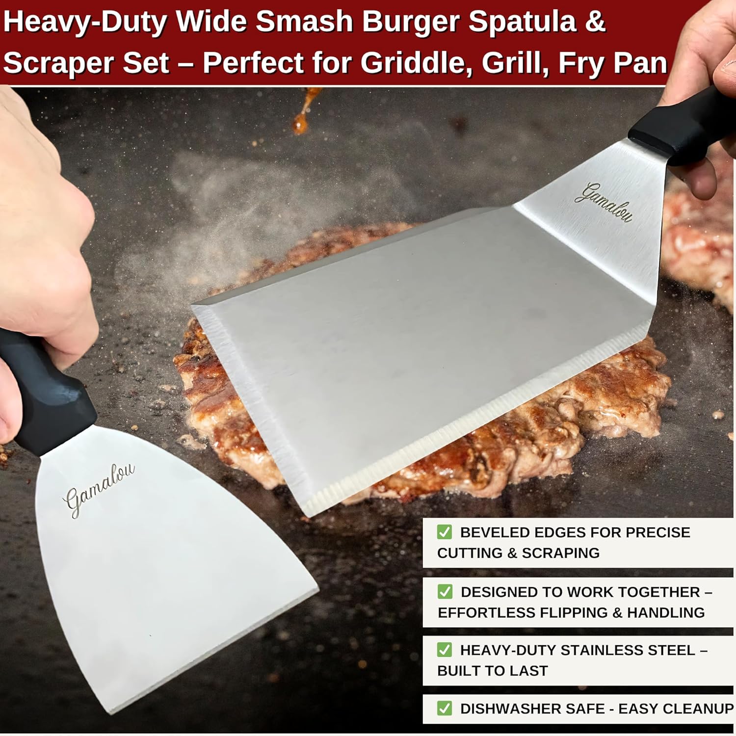 Gamalou® Smash Burger Press Kit: 7" Cast Iron Grill Press, 12" Melting Dome, 3-in-1 Patty Maker, 4.3" Spatula & 4" Scraper, Griddle Accessories for Blackstone, Grills, Flat Top, BBQ, Fry Pan