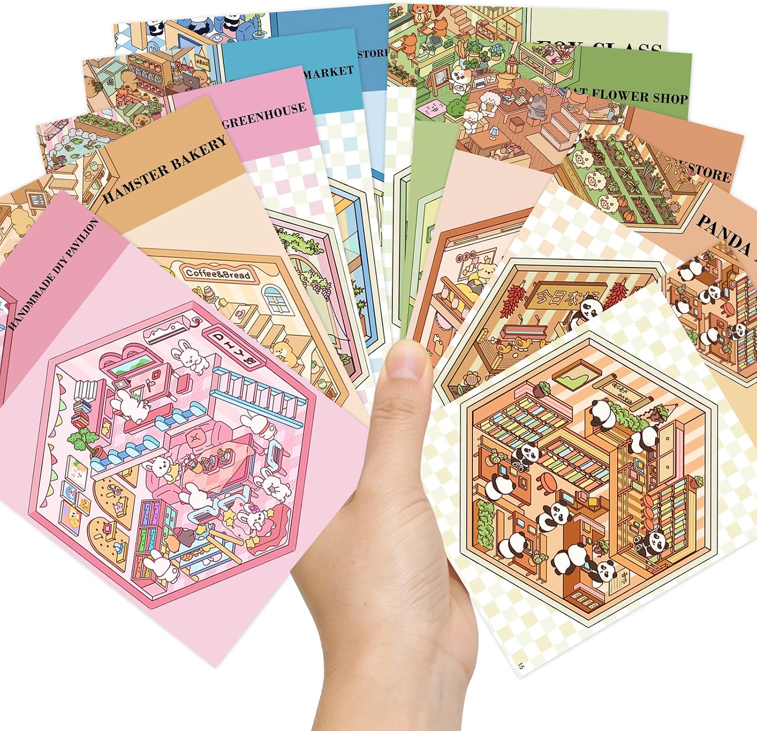 10 Sets 3D Scene Sticker,DIY Mini House&Shop Stickers,Relaxing Craft Gift
