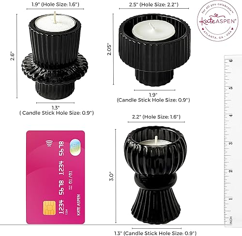 Vista 6 de Kate Aspen Portavelas de vidrio negro con nervaduras vintage, candelabro de pilar, portavelas para té y votivo (juego de 6, 3 tamaños surtidos)