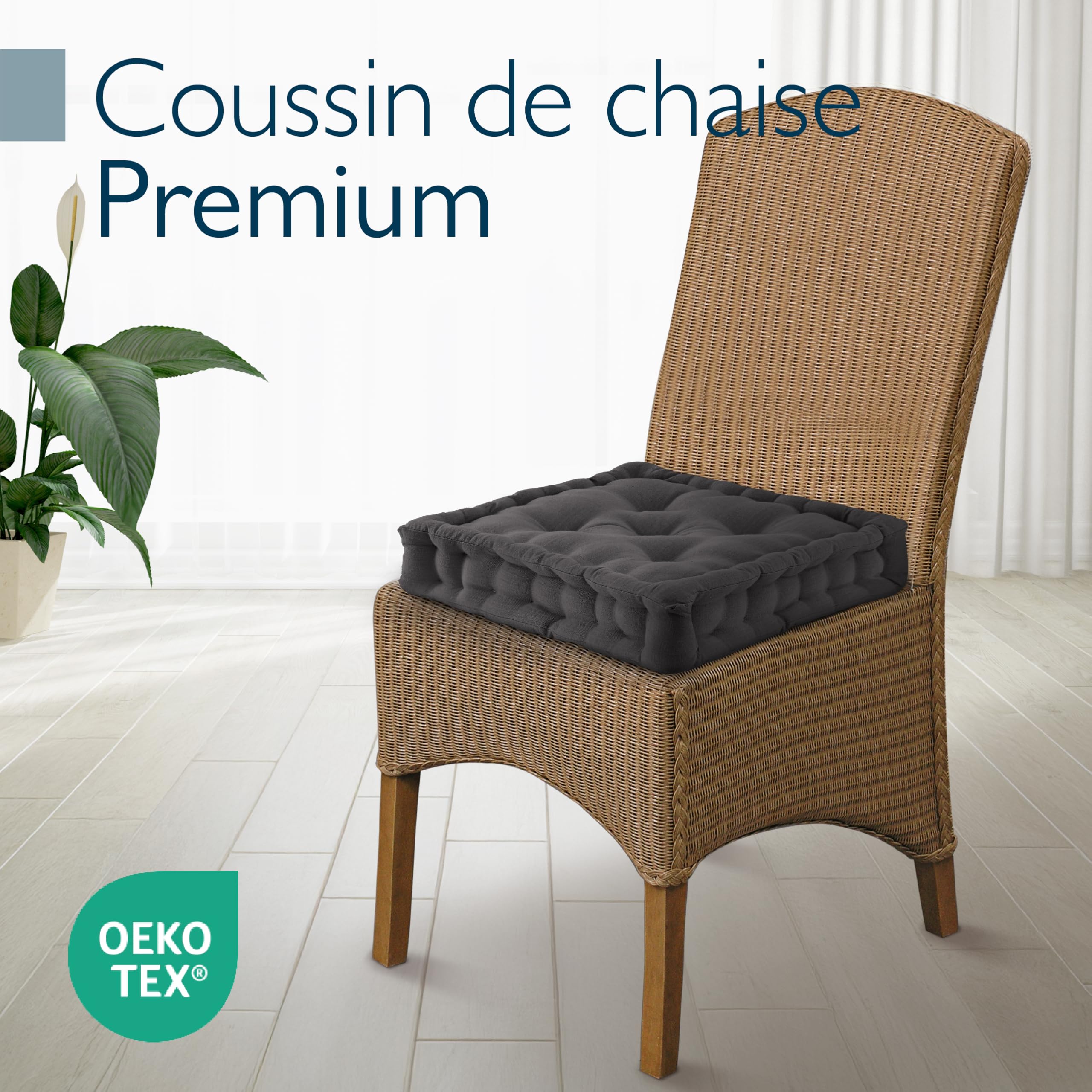 Beauitssu Set de 4 Coussins de Sol Coussin d'assise 40x40 cm - Coussin Matelas épais 8cm - 100% Coton Coussin de Chaise Intérieur & Extérieur Poignée de Transport Coussin d'assise Anthracite - Mila