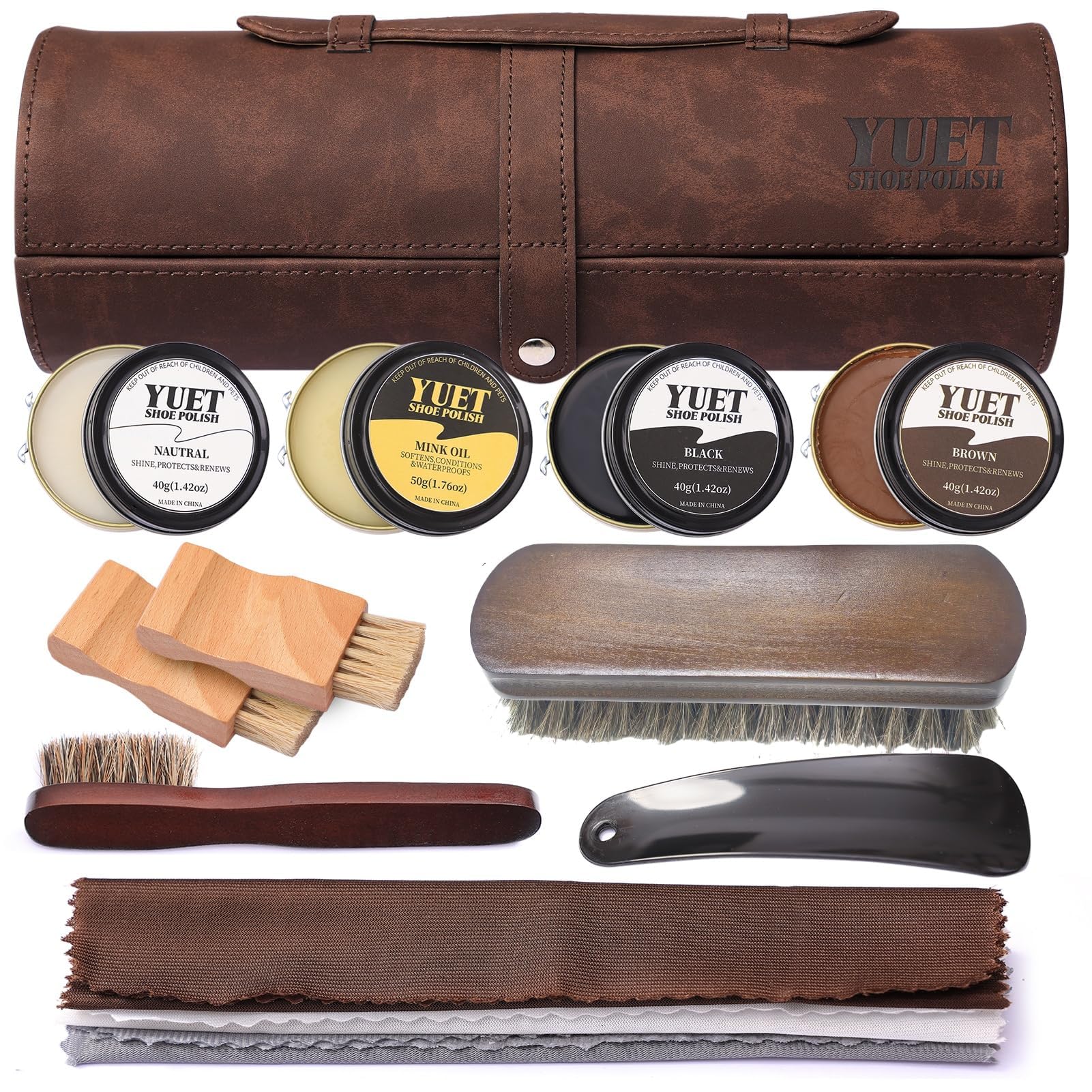 Shoe Polish Kit Cleaning Shine Care Barrel Set For Brown Black Leather With Brush Travel Case Luxury Premium Soft Horsehair Bristle Dauber, Wooden Applicator, Shoehorn, Cloth 13 PCS Brown Pouch