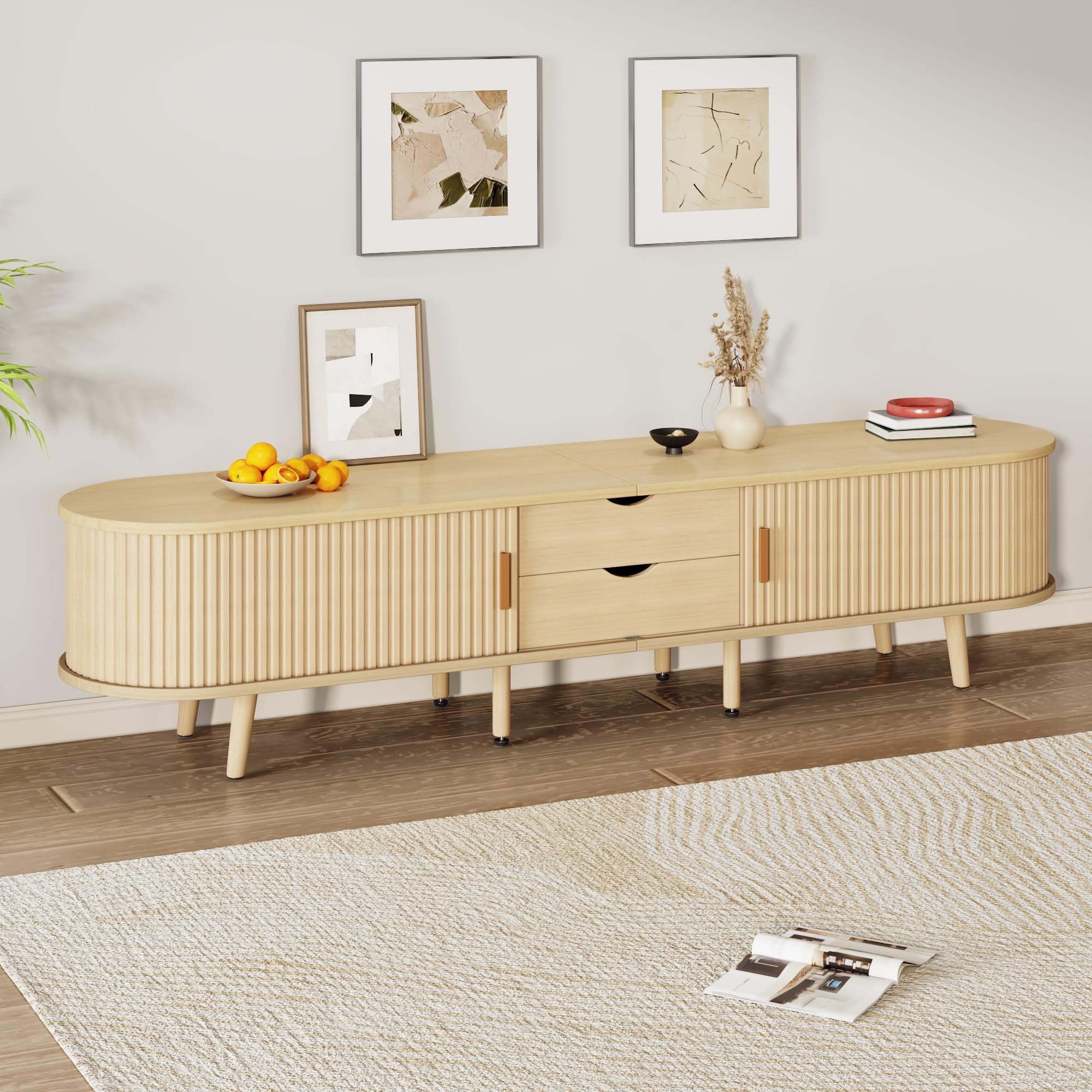 Mueble para TV de salón con espacio de almacenamiento + tablero de fibra de densidad media redonda de grano de madera, 2 cajones, capacidad de carga 30 kg, tamaño 175 x 40 x 42 cm
