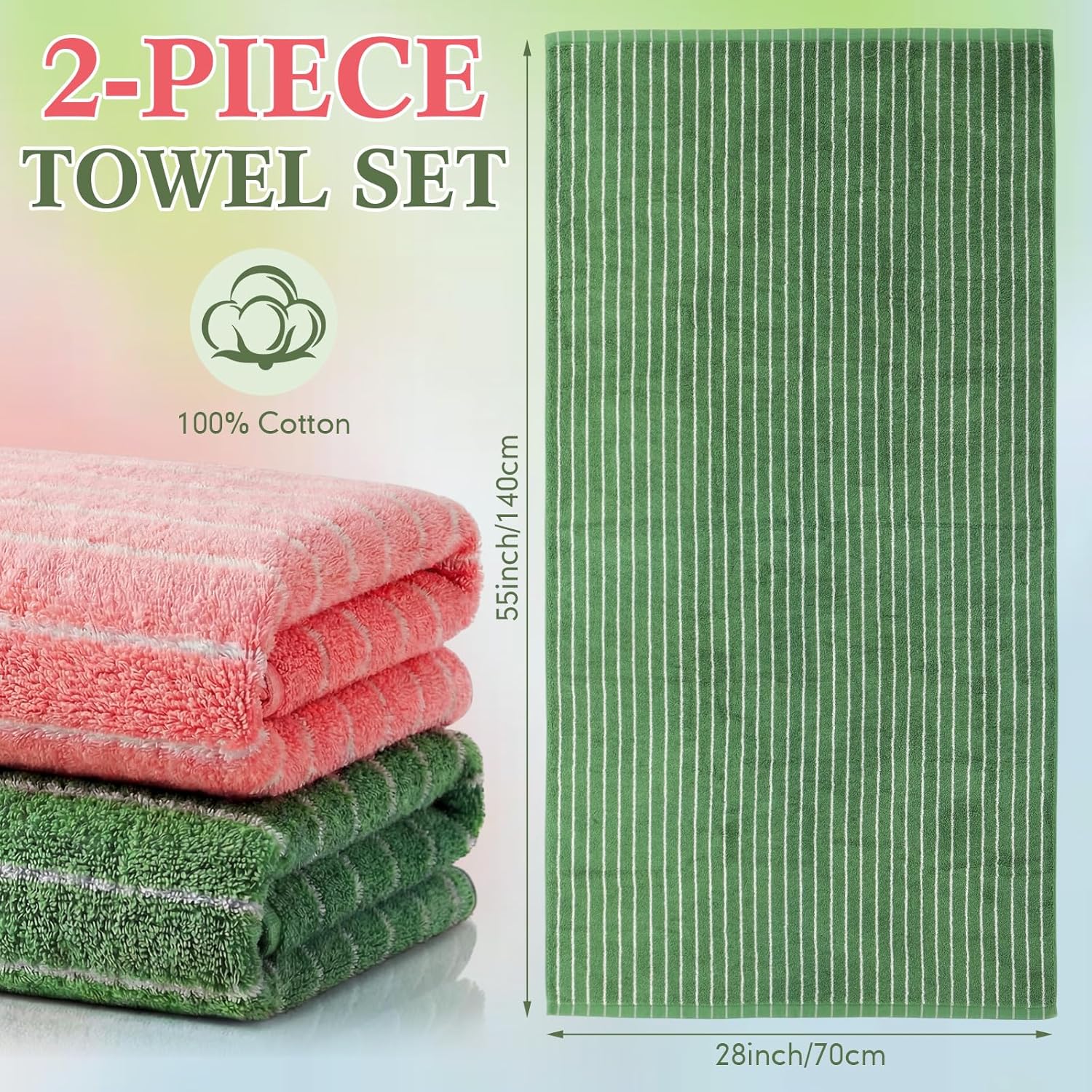 2 Pack Striped Bath Towels 27.5 x 55 Inch, 100% Cotton Soft Highly Absorbent Large Bathroom Towel Quick Dry & Lint-Free, Forest Green & Coral Pink Towels for Beach,Gym, Hotel