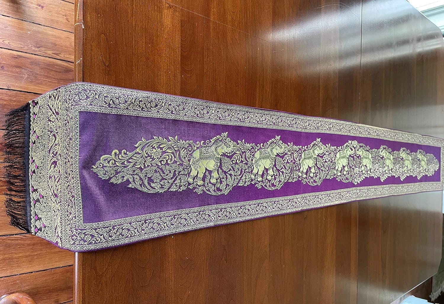 Thai Elephant Table Runner with Fringe | Small 76x9” Gold Brocade Bed Scarf | Embroidered Polyester with Decorative Paisley Floral Elephant Design for Dining Table, Coffee Table, Bed (Purple & Gold)