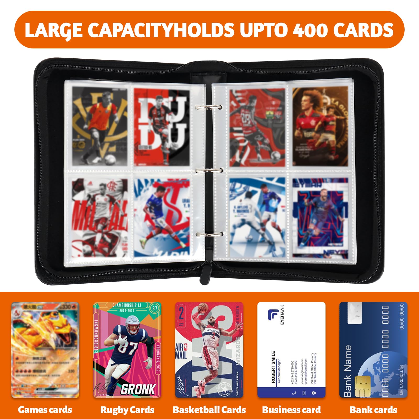 DAJASD Football Card Binder, 4 Pocket Football Card Holder with 60 Removable Sleeves Fits 400 Sport Cards, Waterproof PU Leather Trading Card Binder with Zipper for Standart Size Cards Collector Album - Image 2