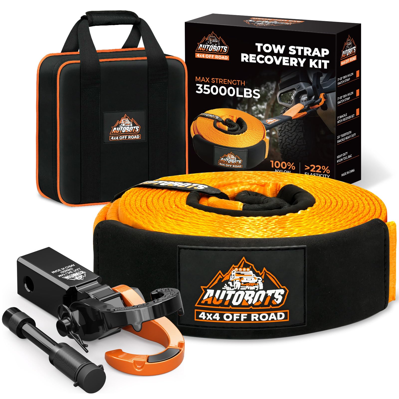 AUTOBOTS Tow Strap Heavy Duty 3" x 30 ft (35,000 lbs) with Shackle Hitch Receiver Hooks Winch Recovery Rope Towing Strap Offroad Recovery Kit for Jeep Truck Vehicle