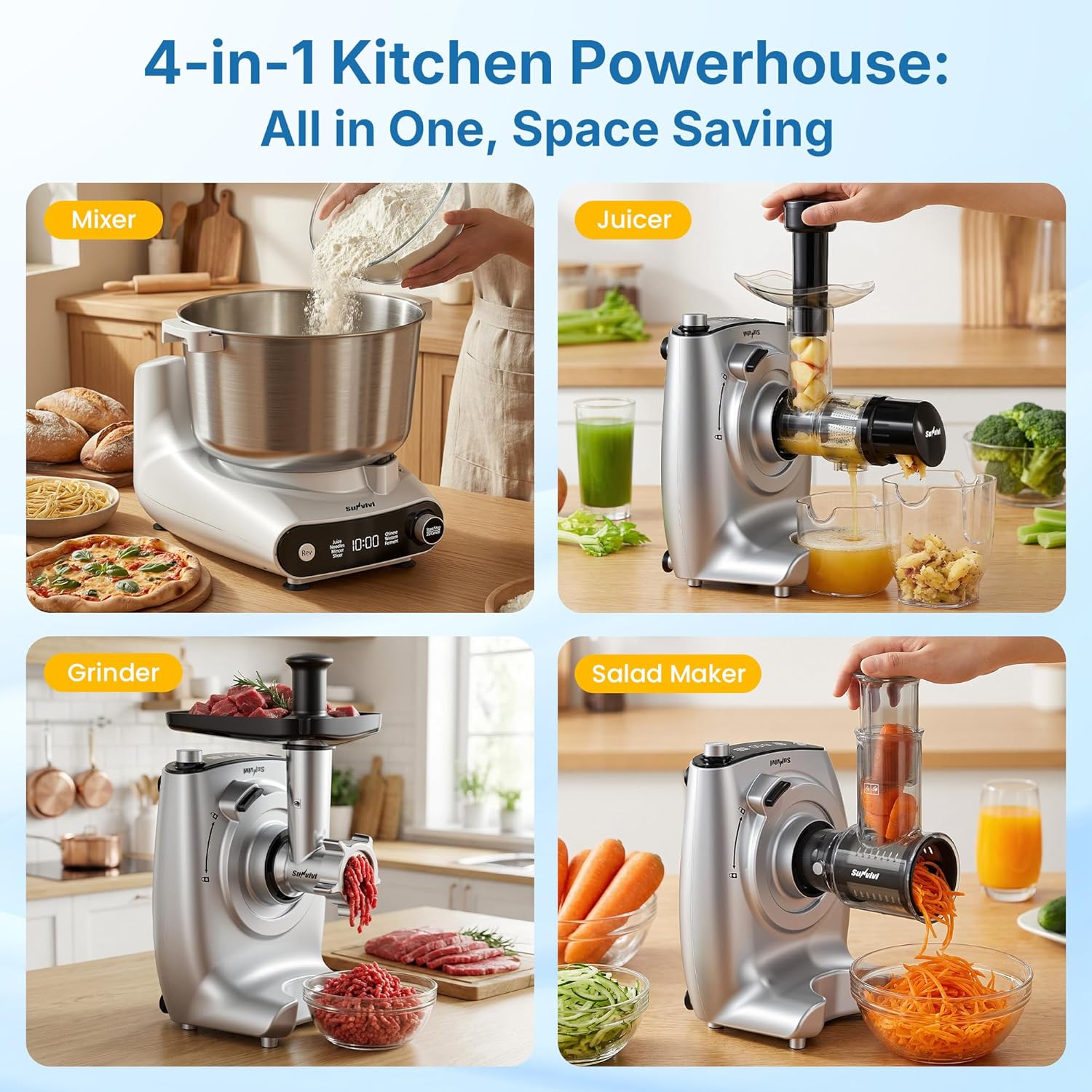 5.3QT Electric Dough Mixer, 4-in-1 Multifunction Stand Mixer with Fermentation for Chinese & Western Dough, LED Display & Knob Control, Slow Juicer, Meat Grinder, Salad Maker for Kitchen