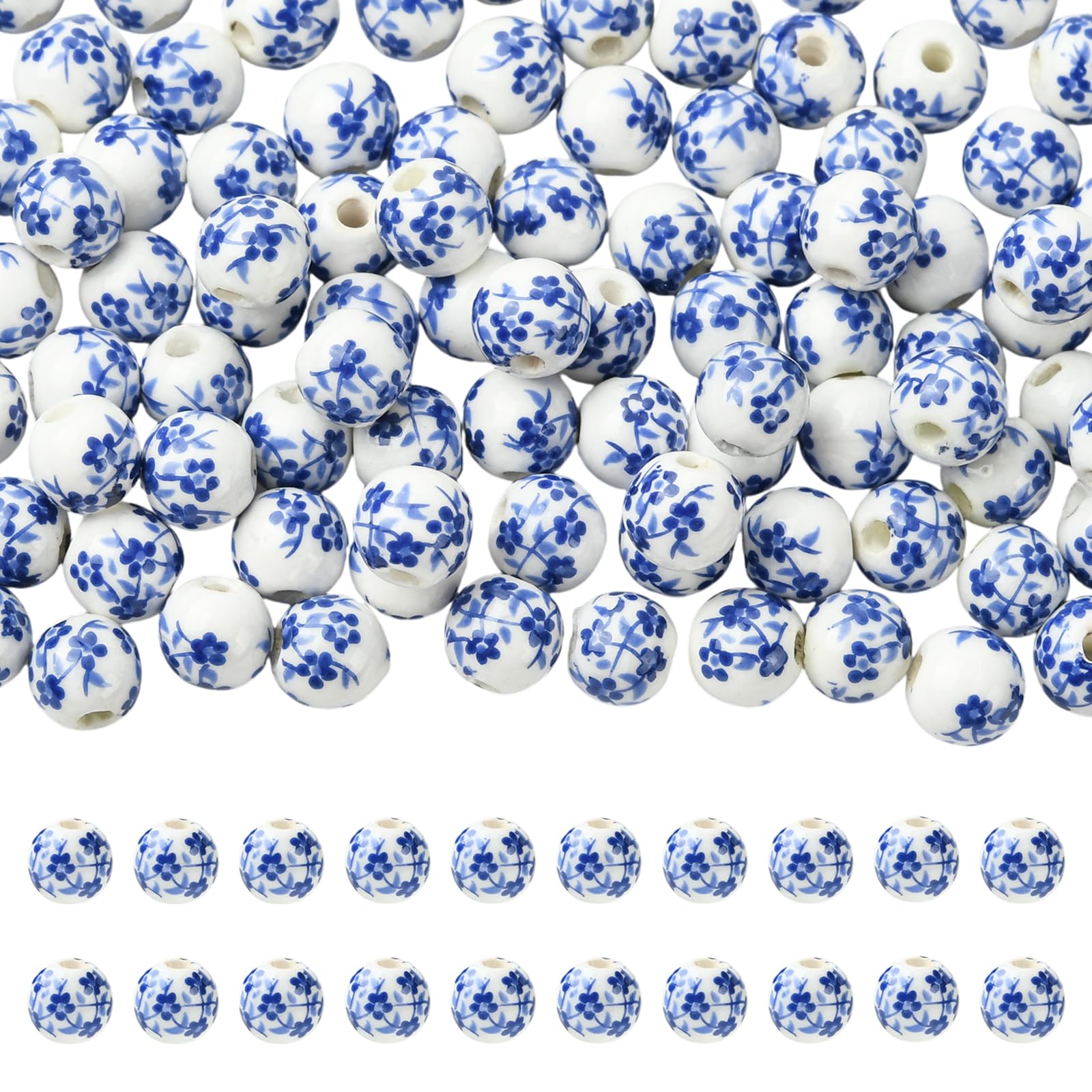 WEWAYSMILE 100Pcs 6mm Flower Ceramic Beads for Jewelry Making Blue Flower Printed Porcelain Beads Handmade Bright Glazed Round Spacer Bead for DIY Bracelets Necklace Earrings Crafts