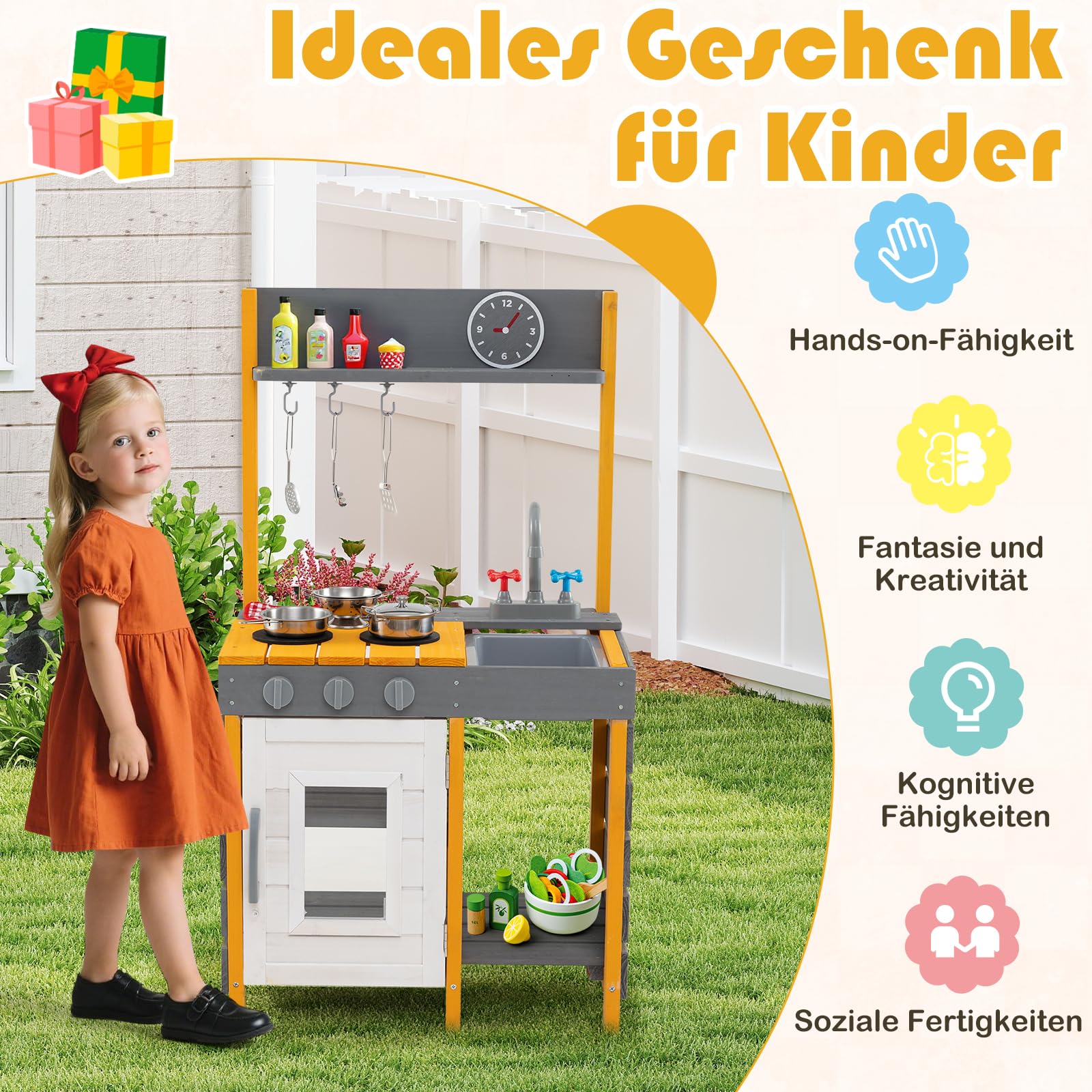 COSTWAY Matschküche Kinder Outdoor, Spielküche mit Herd & Abnehmbarer Spüle & Wasserhahn, Outdoor Kinderküche mit Kochzubehör & Haken, Outdoorküche für ab 3 Jahren