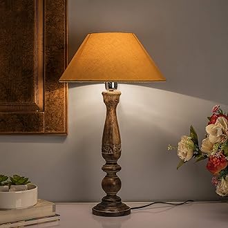 Homesake Floral Carved Wood Black Table Incandescent Lamp With Golden Shade.