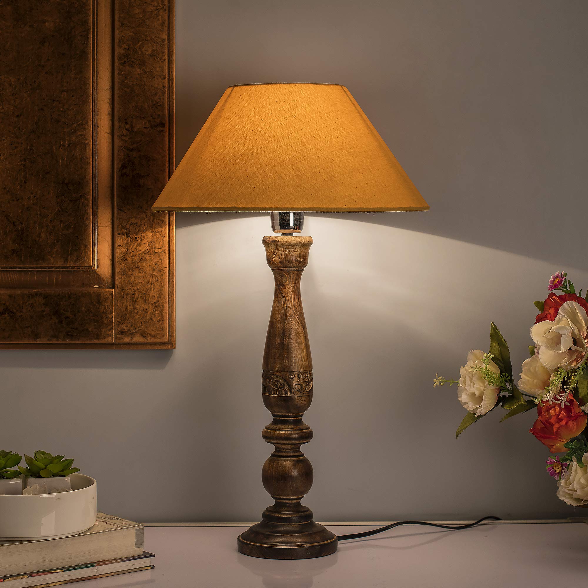 Homesake Floral Carved Wood Black Table Incandescent Lamp With Golden Shade.