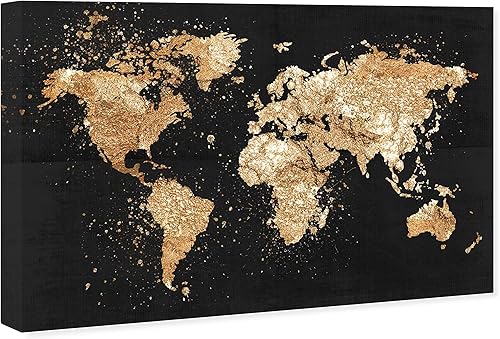 Miniatura 2 de The Oliver Gal Artist Co. Mapas y banderas - Lienzo decorativo para pared, diseño de Mapamundi on the Rocks Night, 24 x 16 pulgadas, negro, dorado