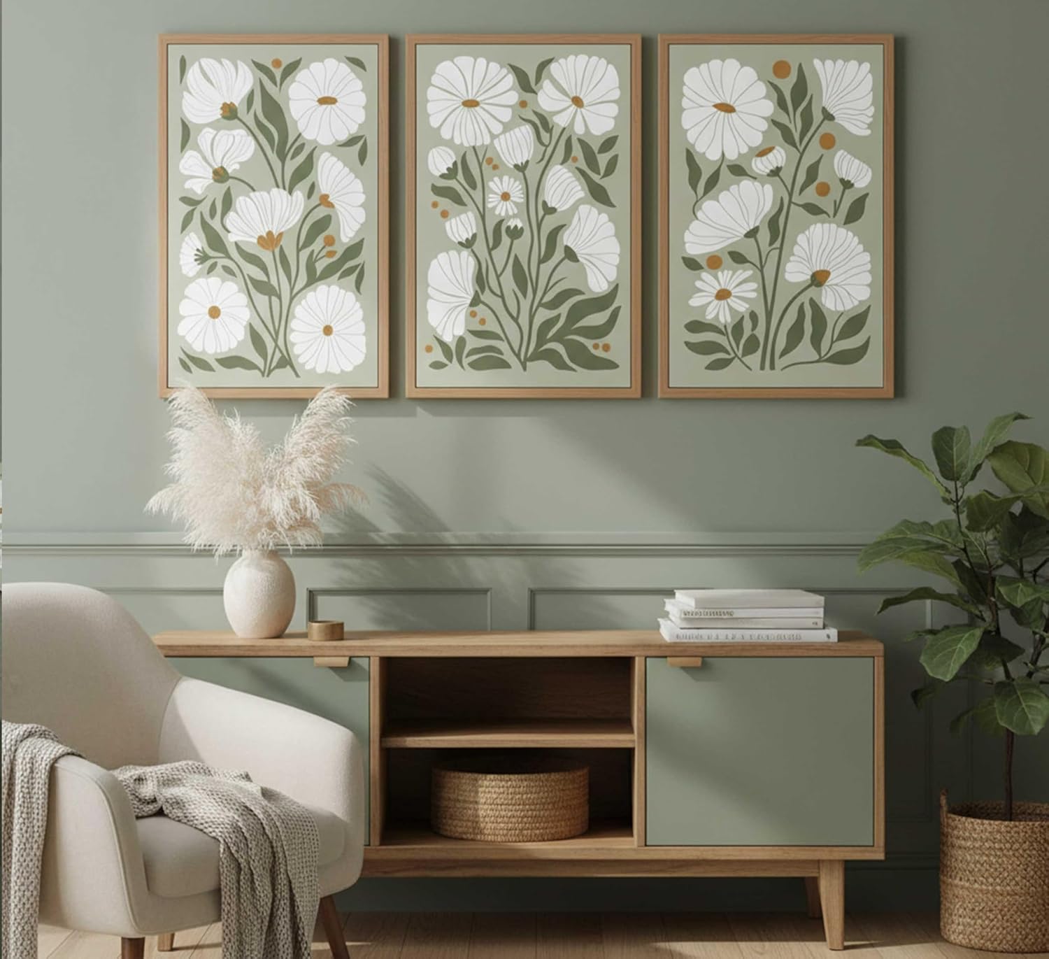 3Pcs Boho Wildflowers Canvas Wall Art Sage Green Bohemia Abstract Floral Botanical Painting Picture Wall Decor Poster Print Artwork for Living Room Bedroom Bathroom Home Decoration Unframed
