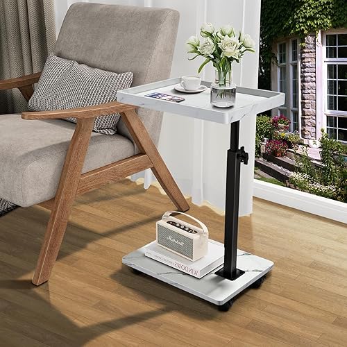 Miniatura 2 de Mesa auxiliar de mesa C de altura ajustable, bandeja de TV giratoria de 360° para espacios pequeños, mesas de sofá que se deslizan debajo, mesas