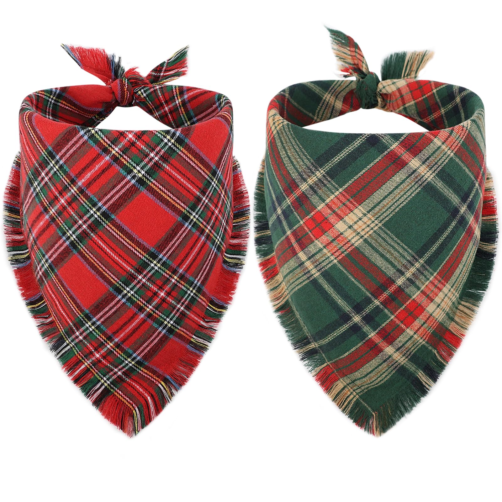Vivifying Dog Christmas Bandanas, 2Pcs Adjustable Triangle Christmas Dog Bandana with Fringed Chequered Print,Dog Christmas Costume for Small Medium Dogs (X-Large,Green&Red)