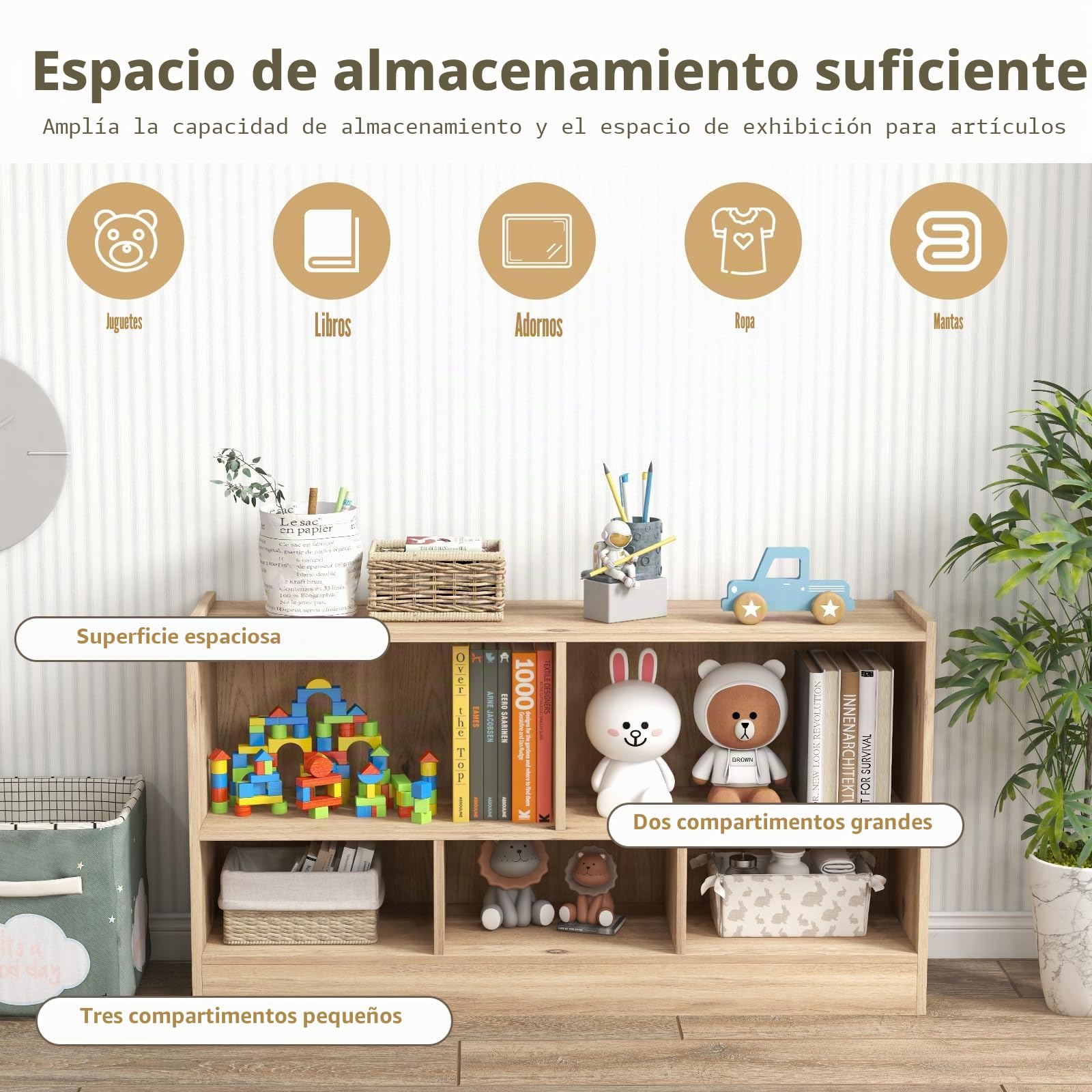 KOMFOTTEU Estantería Infantil con 5 Compartimientos Abiertos, Librería para Juguetes y Libros de Niños, Armario Bajo con Patas Antideslizantes, Estante para Exposición (111 x 30 x 61,5 cm, Natural)