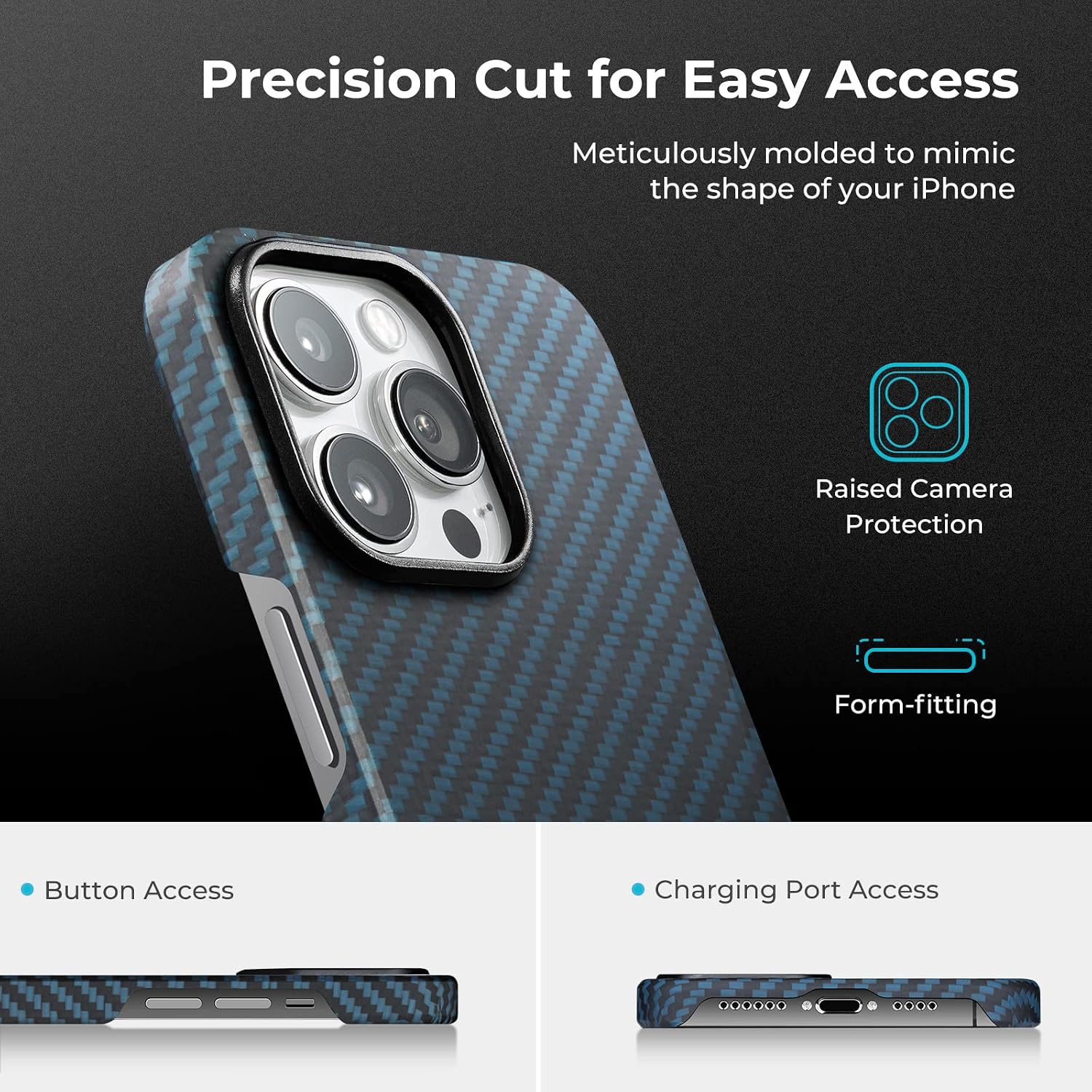 PITAKA MagEZ Case 2 for iPhone 13 Pro 6.1" - 100% Aramid Fiber, MagSafe, Slim Fit, 3D Grip Touch, Black/Blue Twill