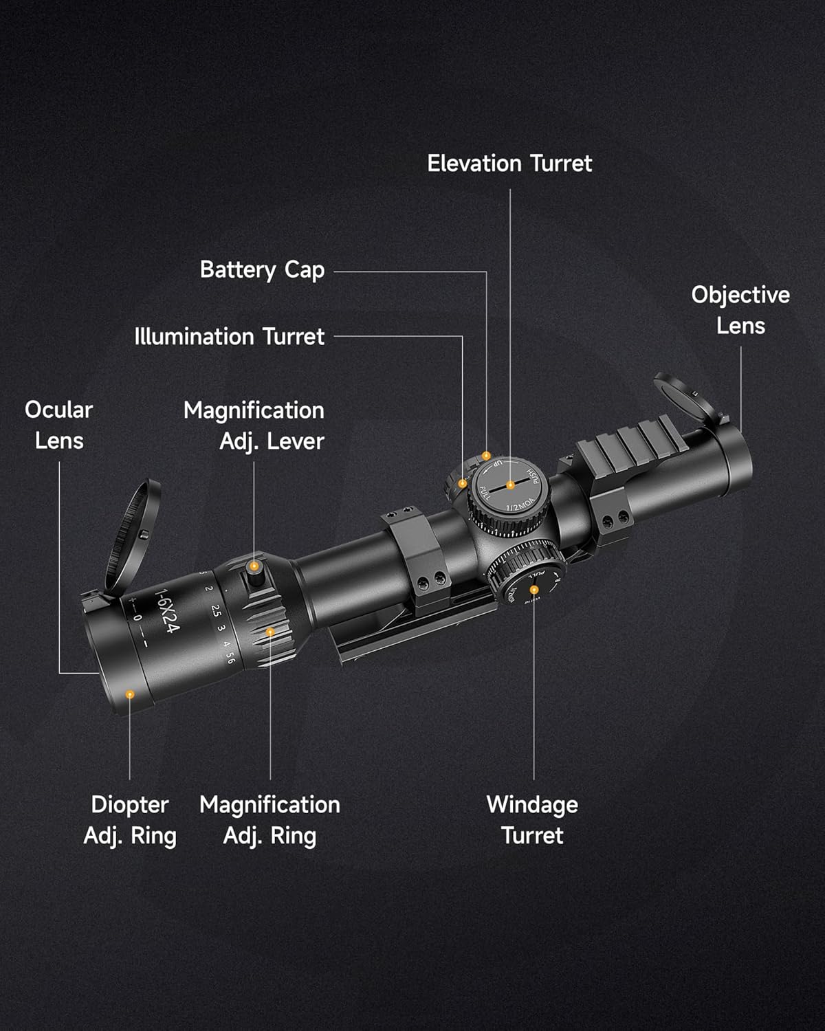 PINTY FFP LPVO Rifle Scope 1-6x/1-8x/1-10x with Red & Green Illuminated Reticle, Self-Locking Turrets & Cantilever Mount for Picatinny Rail