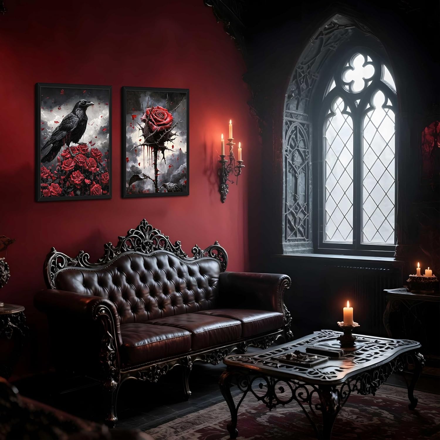 Gothic Wood Framed Halloween Canvas Wall Art for Living Room Set of 3 - Black Romantic Aesthetic Crow Butterfly Rose Prints, Dark Goth Wall Decor for Bedroom Bathroom Halloween Decor 16x24 inch