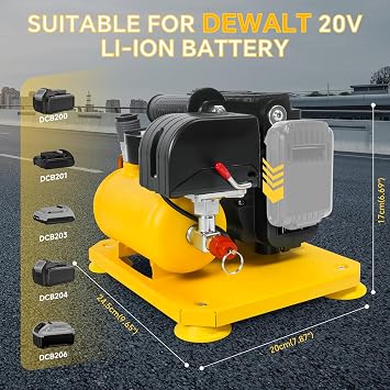 Cordless Air Compressor Compatible with Dewalt 20V Battery, 0.26-Gallon Capacity, Oil-Free, Ultra Quiet Portable Air Compressor, 65 dB Noise Level Electric Air Compressor