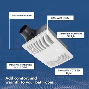 Broan-NuTone BHFLED110 PowerHeat Bathroom Exhaust Fan, Heater, and LED Light Combination, 110 CFM