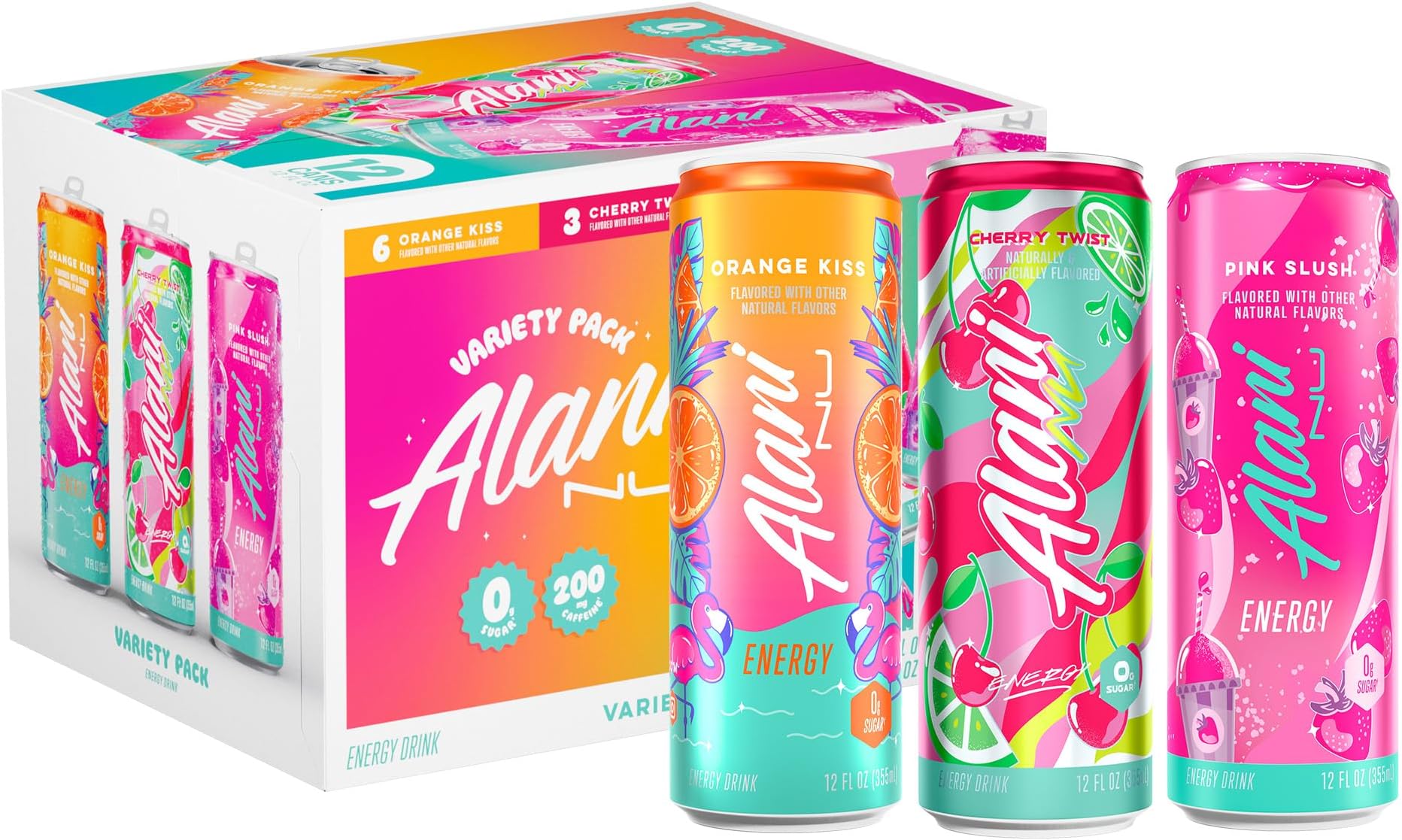 VARIETY PACK CHERRY TWIST, PINK SLUSH, ORANGE KISS Sugar Free, Low Calorie Energy Drinks, 200mg Caffeine, Biotin B Vitamins, Zero Sugar, 10 Calories, 12 Fl Oz Cans, 12 Pack