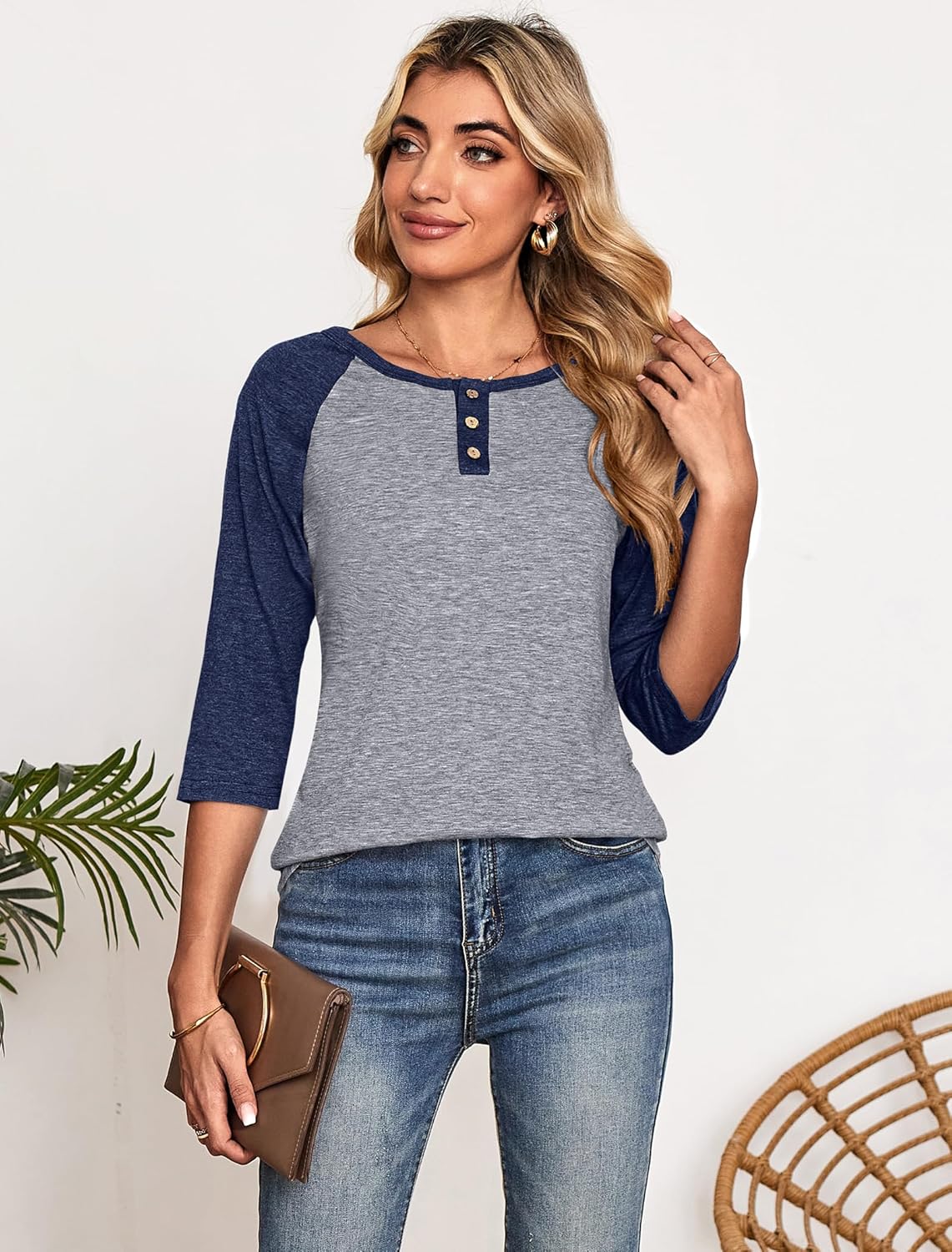 Halife Women's Casual 3/4 Sleeve T Shirts Button V Neck Tunic Blouses Color Block Basic Tee Tops Loose Fit Summer Shirt - Image 3