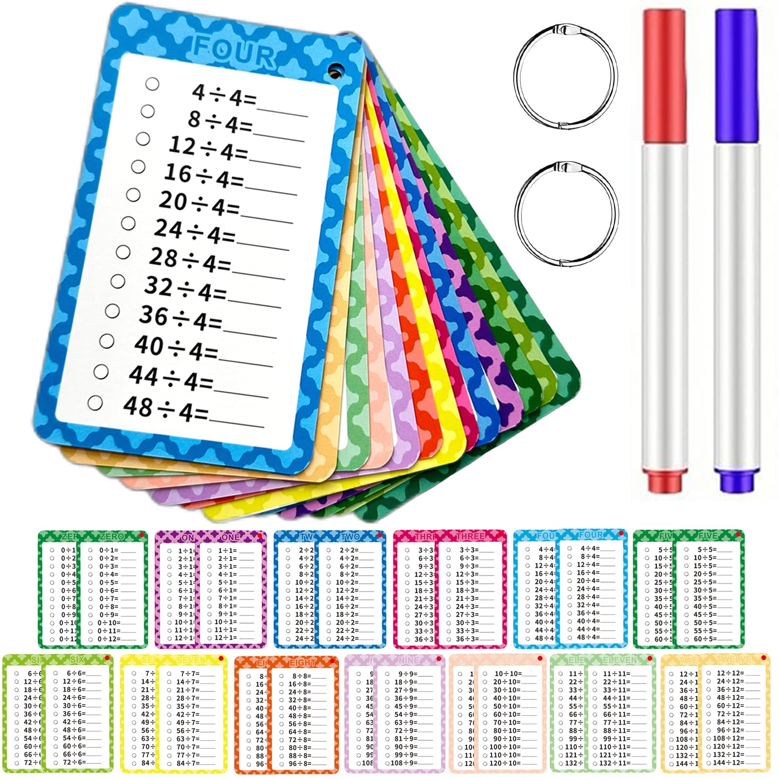 13 Pcs Division Flashcards 0-12, Educational Times Table Flashcards with 2 Dry Erase Markers 2 Rings Division Chart Math Flashcards for 1st to 3rd Grades Fun Math Game Classroom Learning Supplies