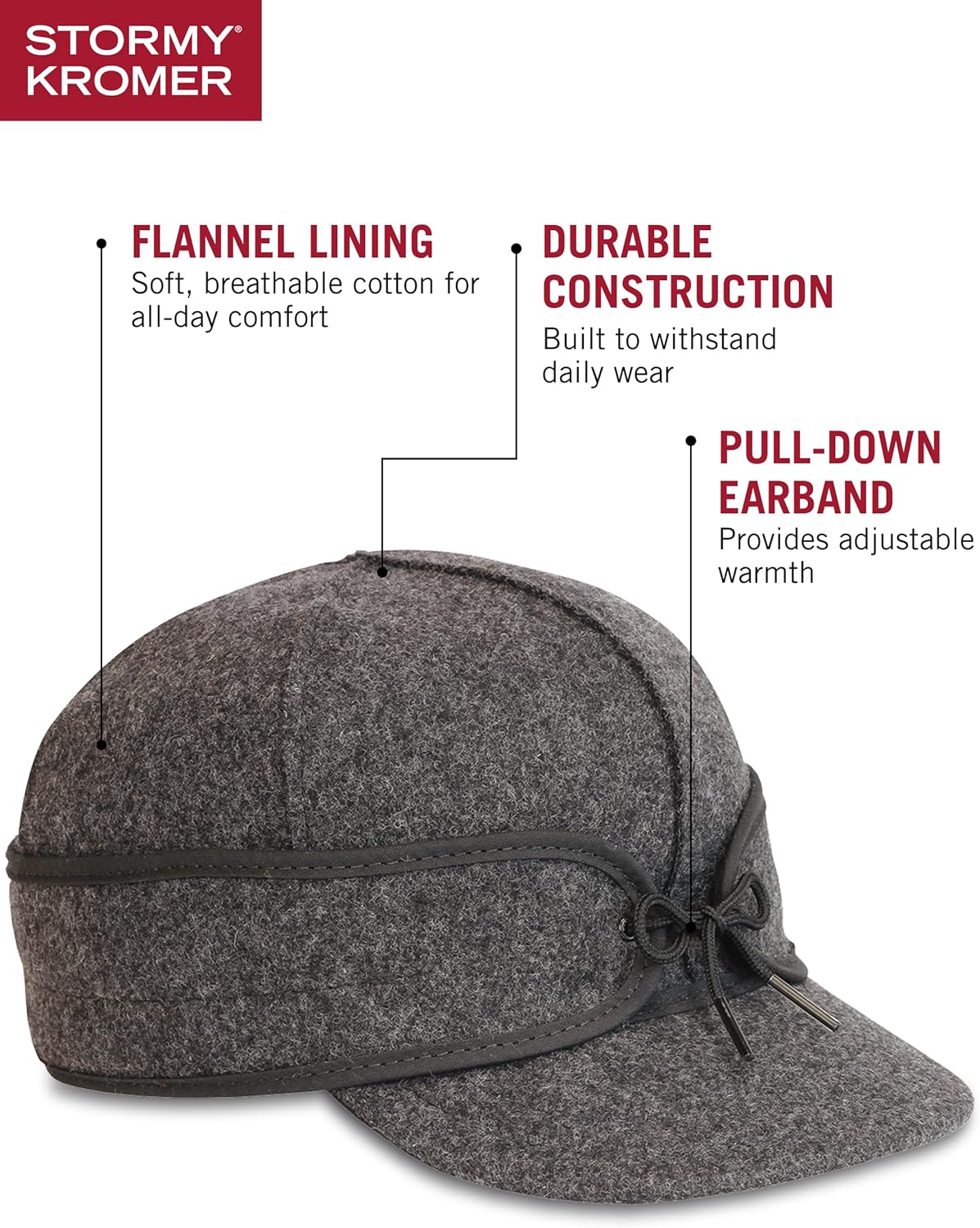 Stormy Kromer The Original Cap, Wool Blend Hat, Warm Winter Outdoor Cap with Flannel Lining, Earflaps, for Men and Women