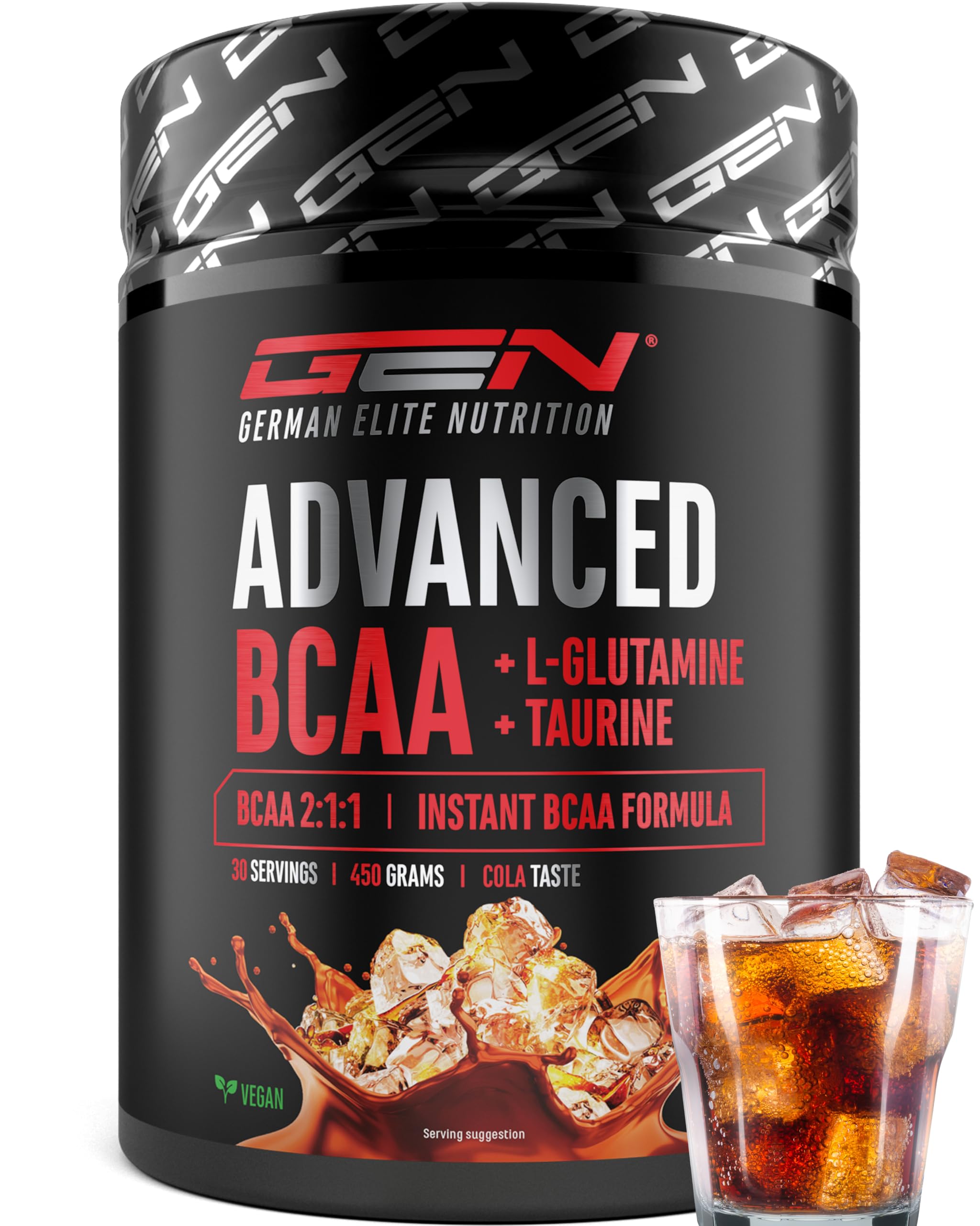 Advanced BCAA en Poudre 450 g - Acides Aminés 2:1:1 avec L-Glutamine & Taurine - BCAA Instantanés, Excellente Solubilité et Saveur - Végétalien - 30 Portions (Cola) | Avec taurine et glutamine, cola, 13 500 mg d'acides aminés par portion, soluble instanta