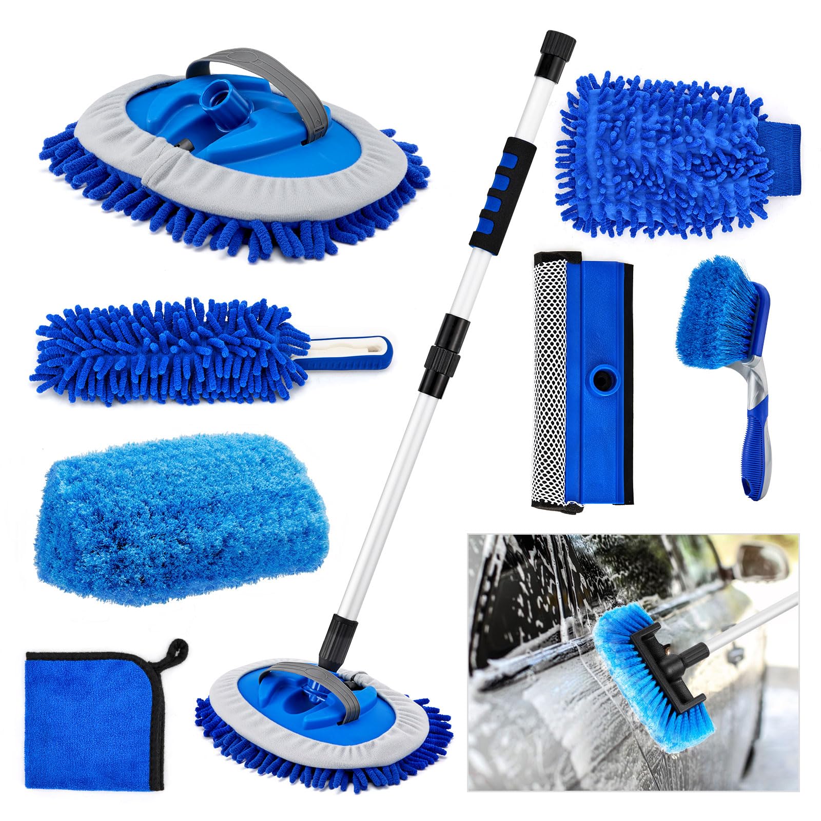 Farafox Car Cleaning Kit - 62'' Car Wash Brush with Long Handle,Complete Car Cleaning Brush Kit Microfiber Cleaning Head & Extra-Thick Aluminum Extension Pole for Car, Truck, SUV, RV