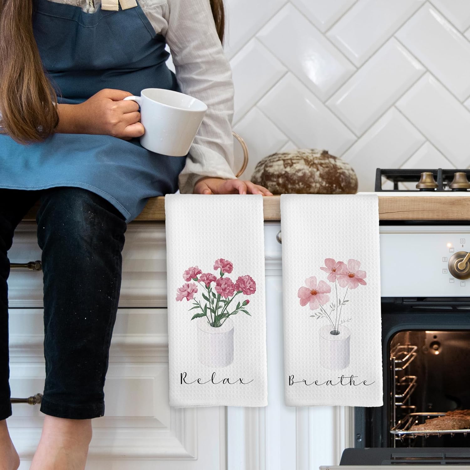 Pink Floral Bathroom Hand Towels, Cottagecore Botanical Roll Paper Hand Towel for Bathroom Decor, Relax Breath Pink Flower Decorative Towels for Washroom Toilet 16x24 Inch Set of 2 - Image 3