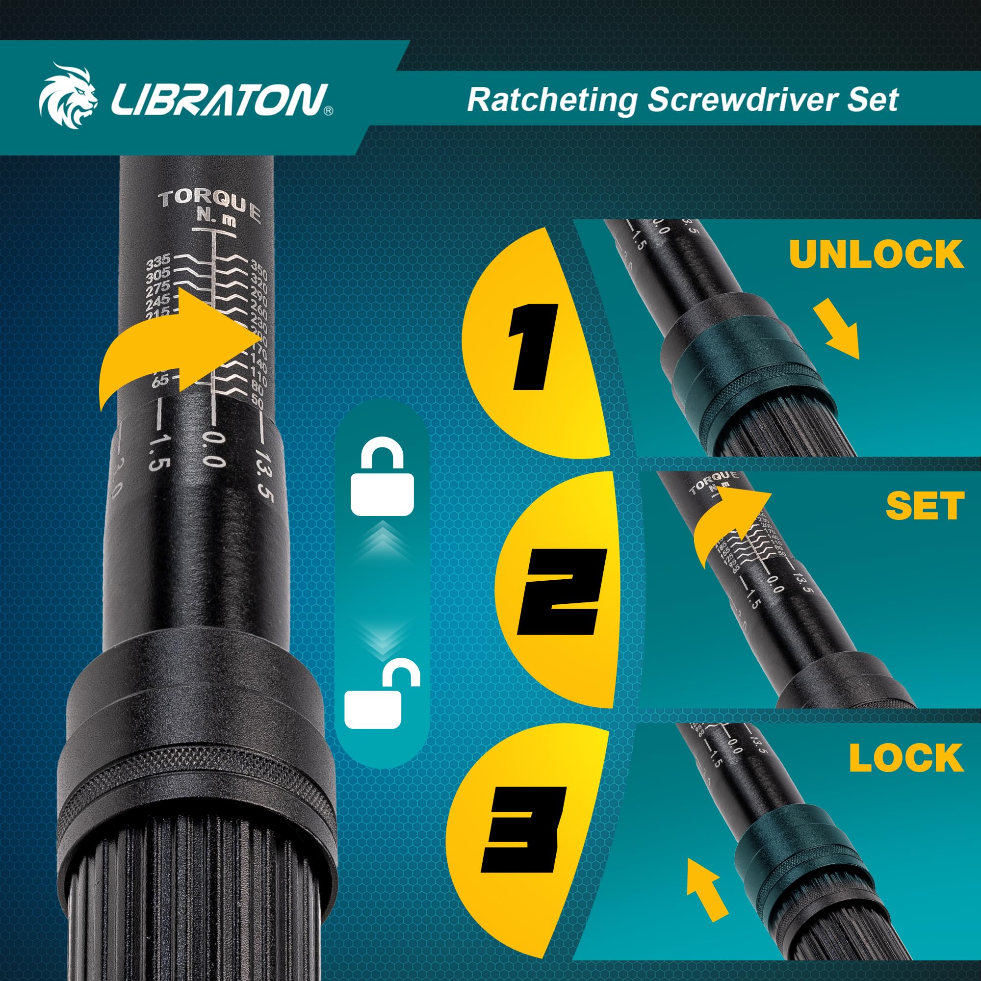 LIBRATON Clé Dynamométrique 1/2", 50-350 Nm, Précision ± 3%, Double Réglage Direction, 72 Dents
