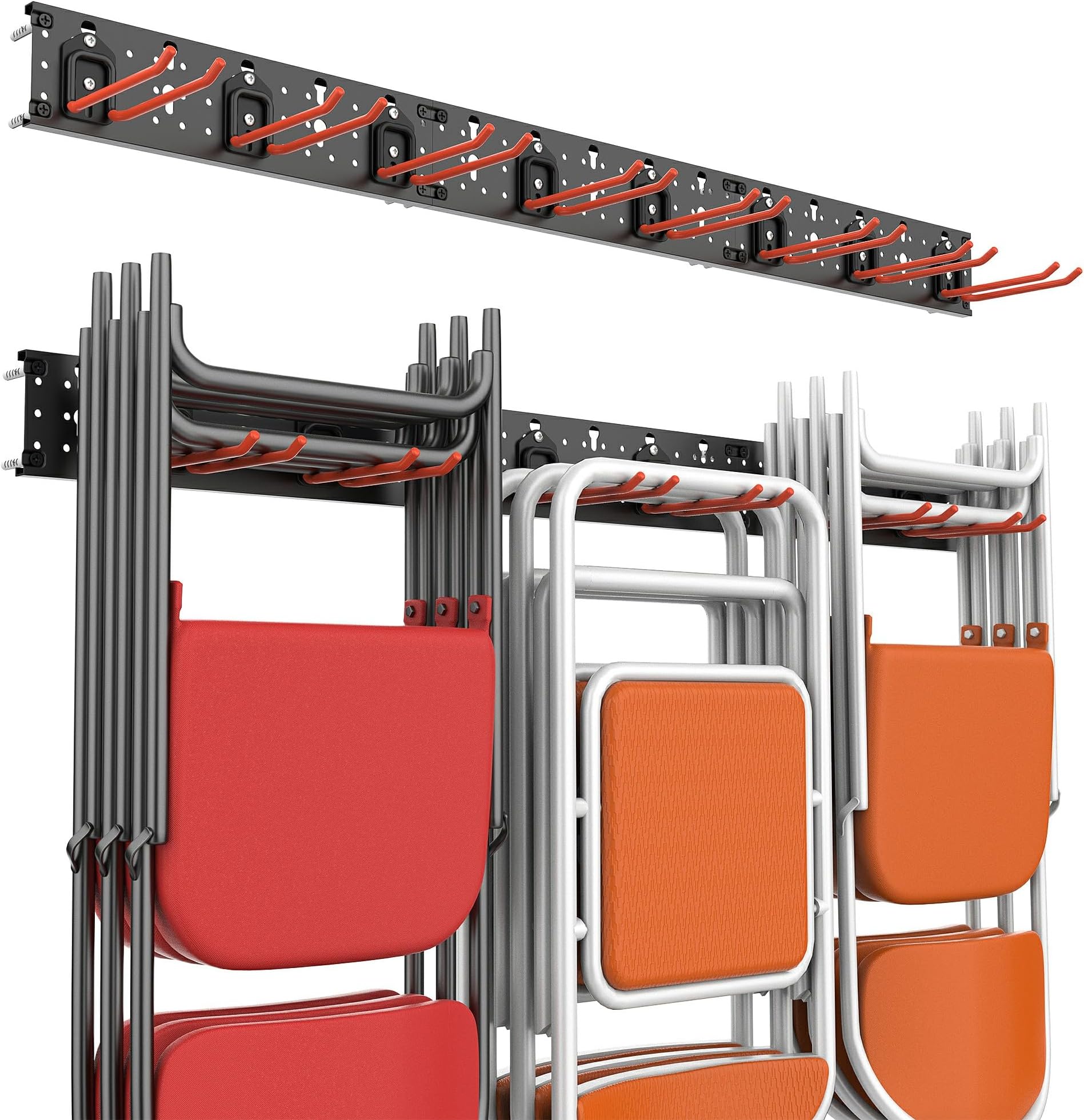 WallmasterWall Mount Garage Organizer Tool Storage Rack, Heavy Duty Folding Chair Hangers with 8 Adjustable Hooks, 48-inch Tracks, Max Load 300lbs