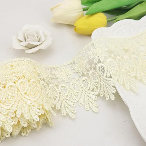 Cinta de encaje beige de 5 yardas de ancho, borde bordado, para costura, manualidades, boda, apliques, decoración del hogar