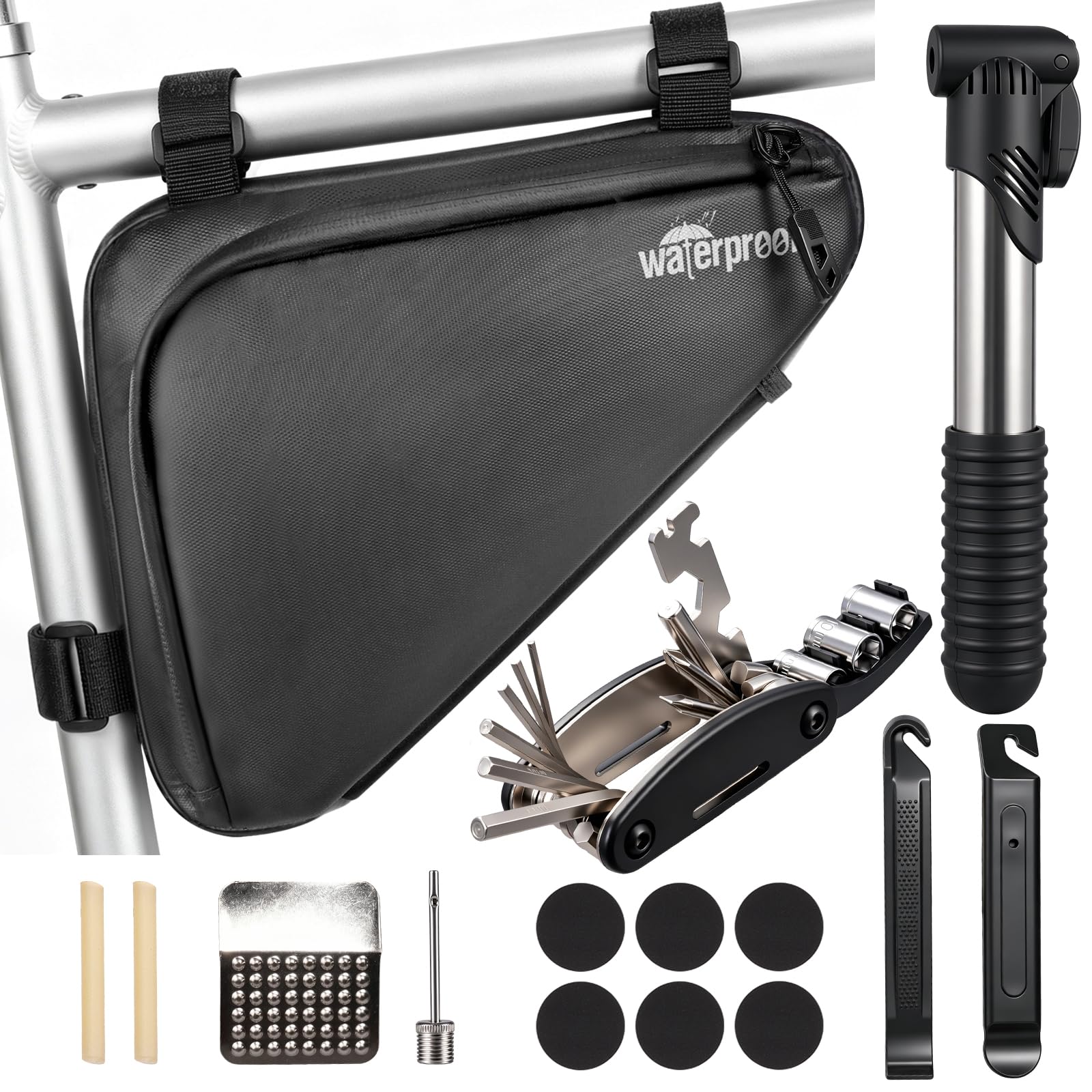 NDakter Fahrrad Reparaturset mit Fahrradtasche Rahmen: Fahrradwerkzeug Set für Unterwegs mit 16-in-1 Fahrrad Multitools, Fahrradpumpe, Reifenheber, Leimfreie Reifen, Werkzeug Set für Rennrad, MTB