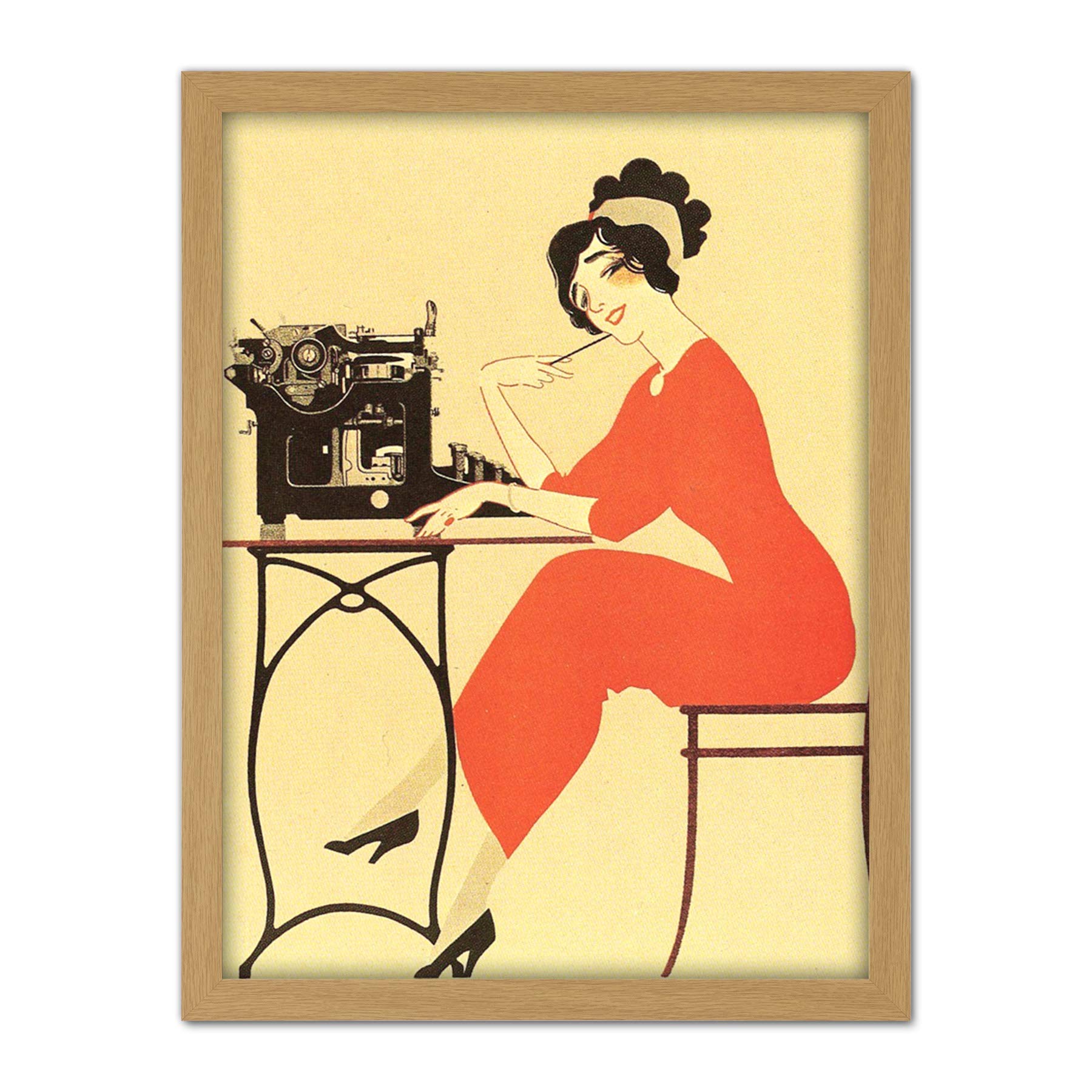Wee Blue Coo Typewriter Woman Red Dress Writing Artwork Framed Wall Art Print 18X24 Inch