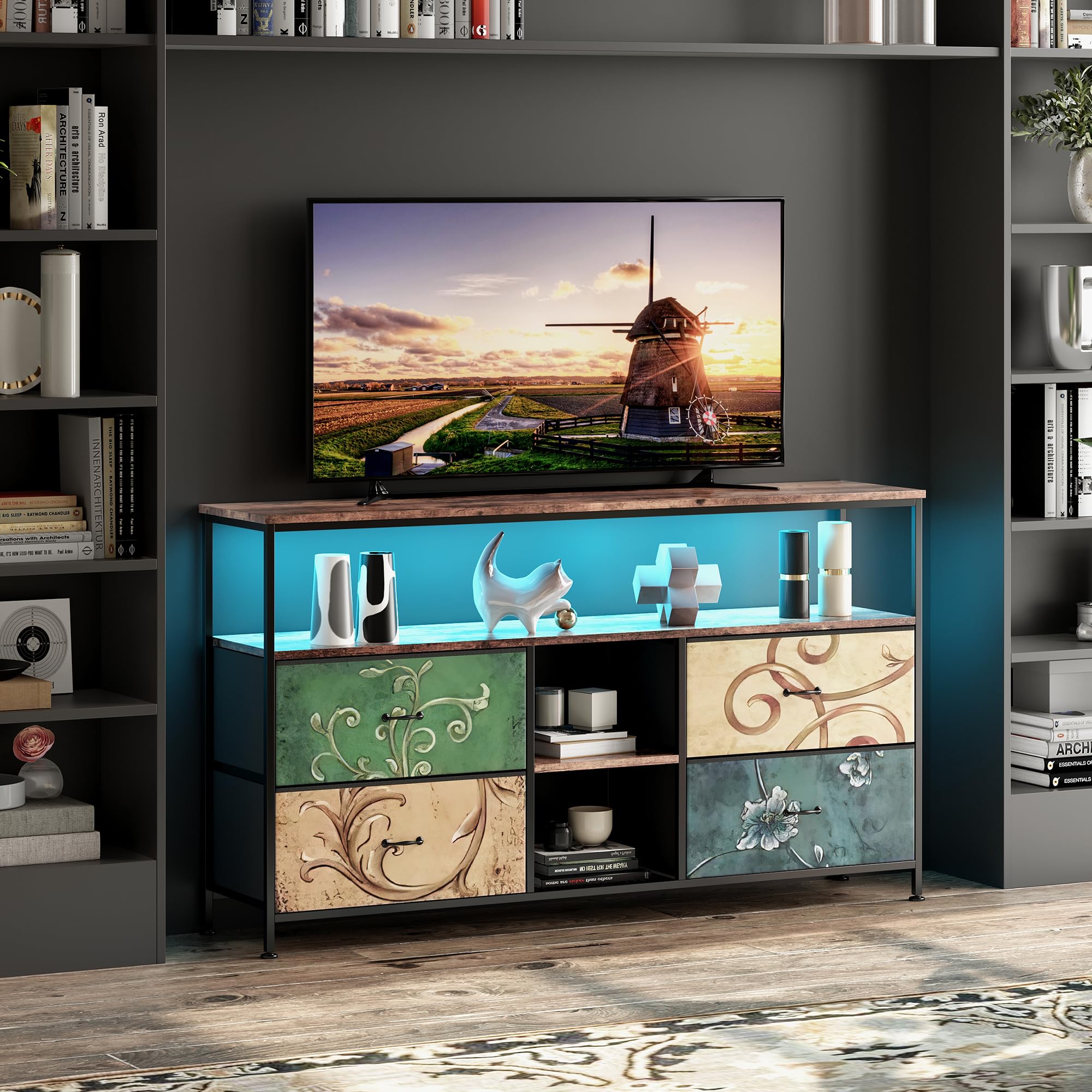 Mobile TV con illuminazione a LED e 4 cassetti in tessuto, per TV fino a 55 pollici, tavolo TV multifunzione con scomparti aperti per soggiorno (colore / 4 cassetti, 137 cm)