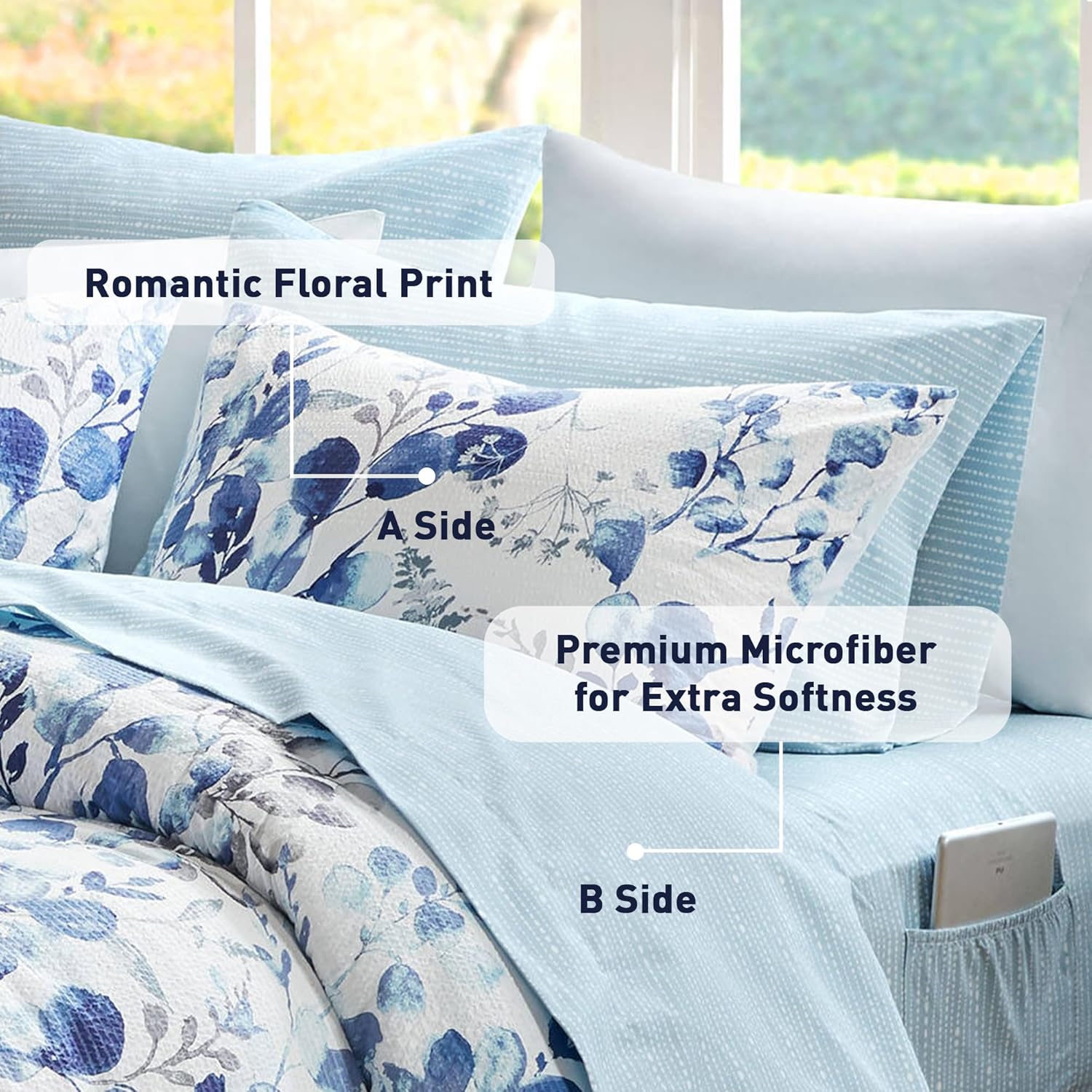 Lightweight Seersucker Botanical Comforter Set Queen Size, 9 Pieces Reversible Design Bed in A Bag Set, Premium Microfiber Bedding Set, Blue